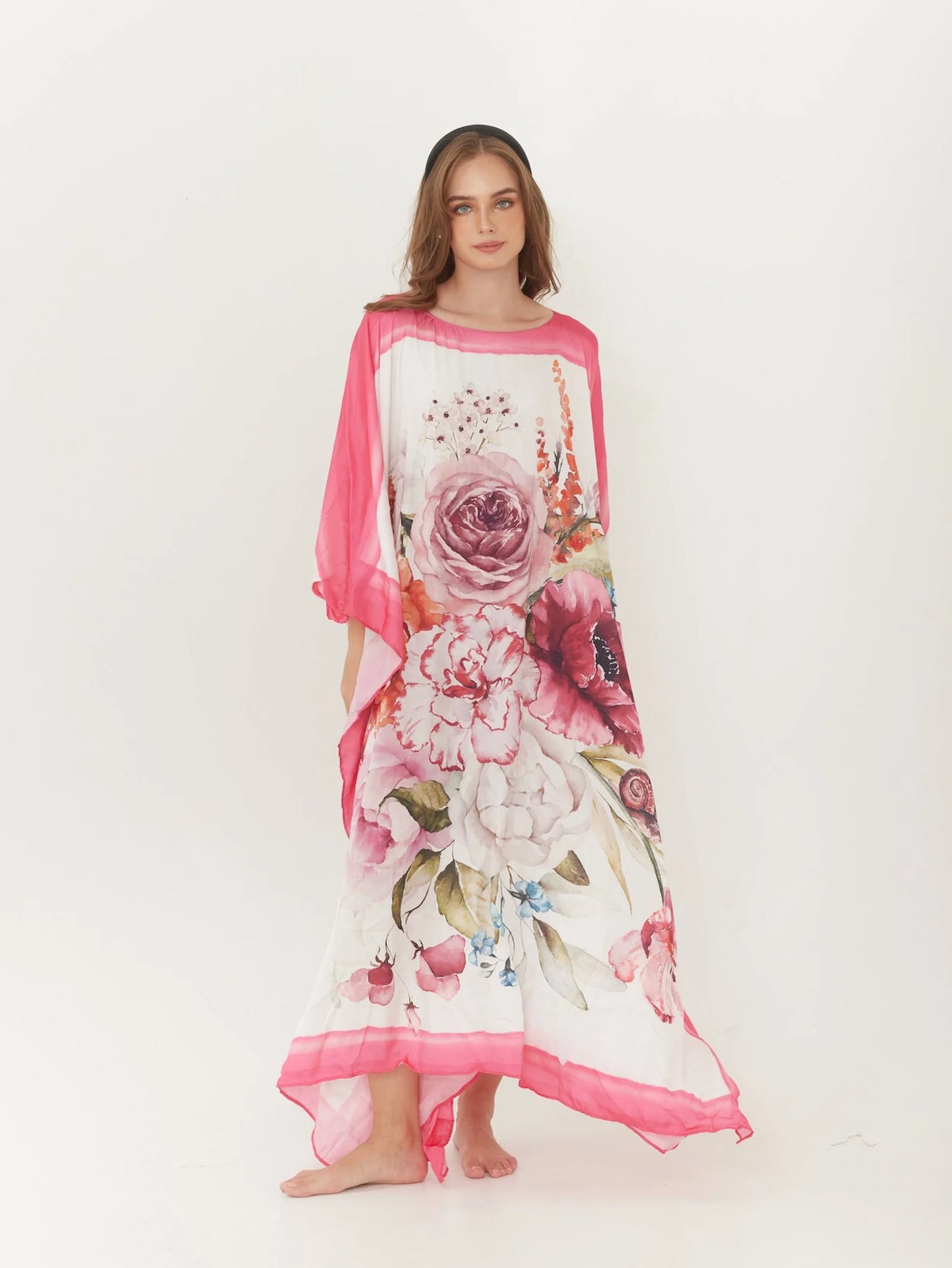 Handpaint Silk Pink Floral Watercolor Caftan Wedding Dress