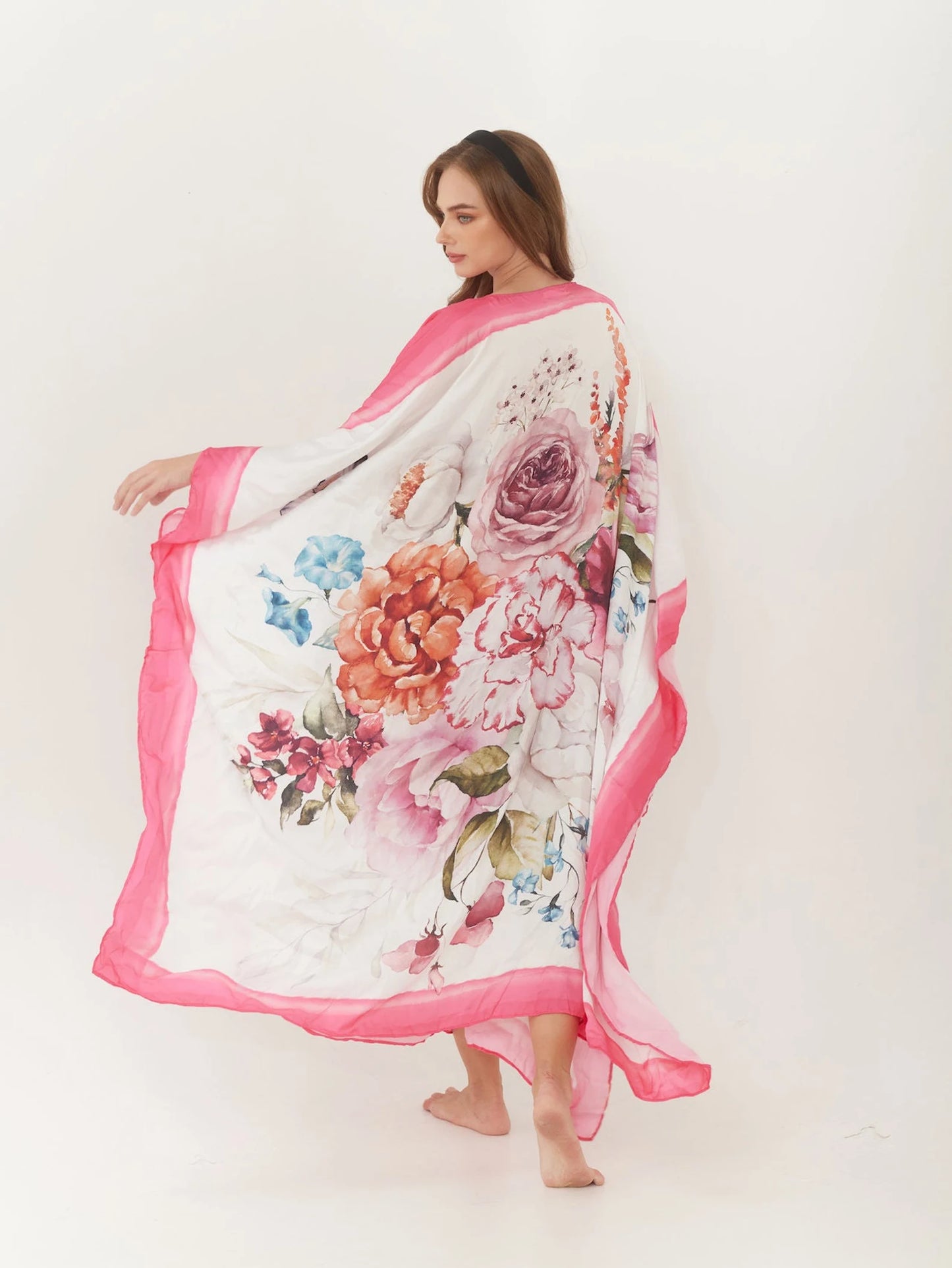 Handpaint Silk Pink Floral Watercolor Caftan Wedding Dress