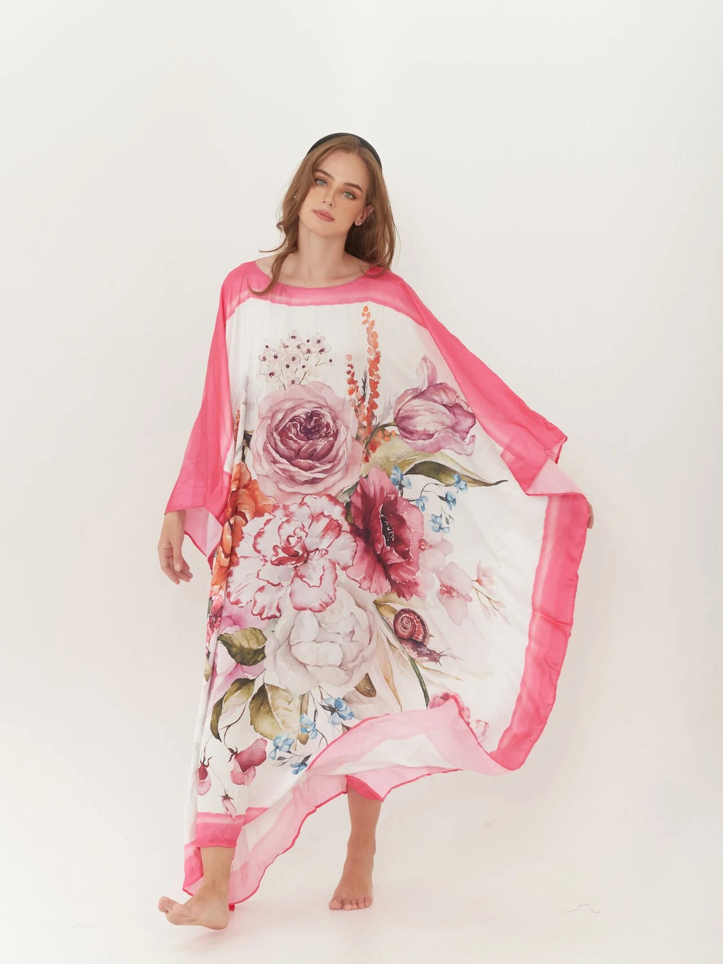 Handpaint Silk Pink Floral Watercolor Caftan Wedding Dress