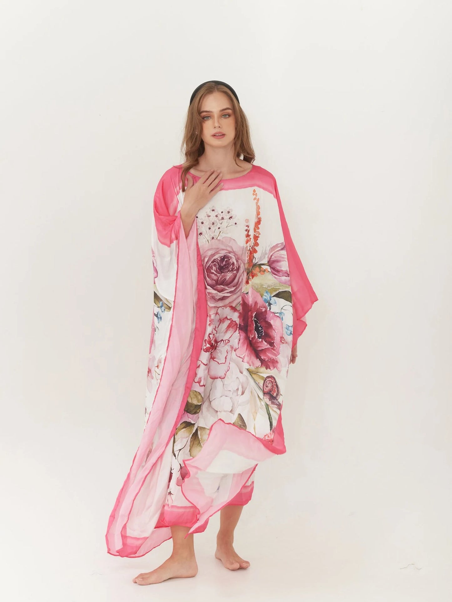 Handpaint Silk Pink Floral Watercolor Caftan Wedding Dress