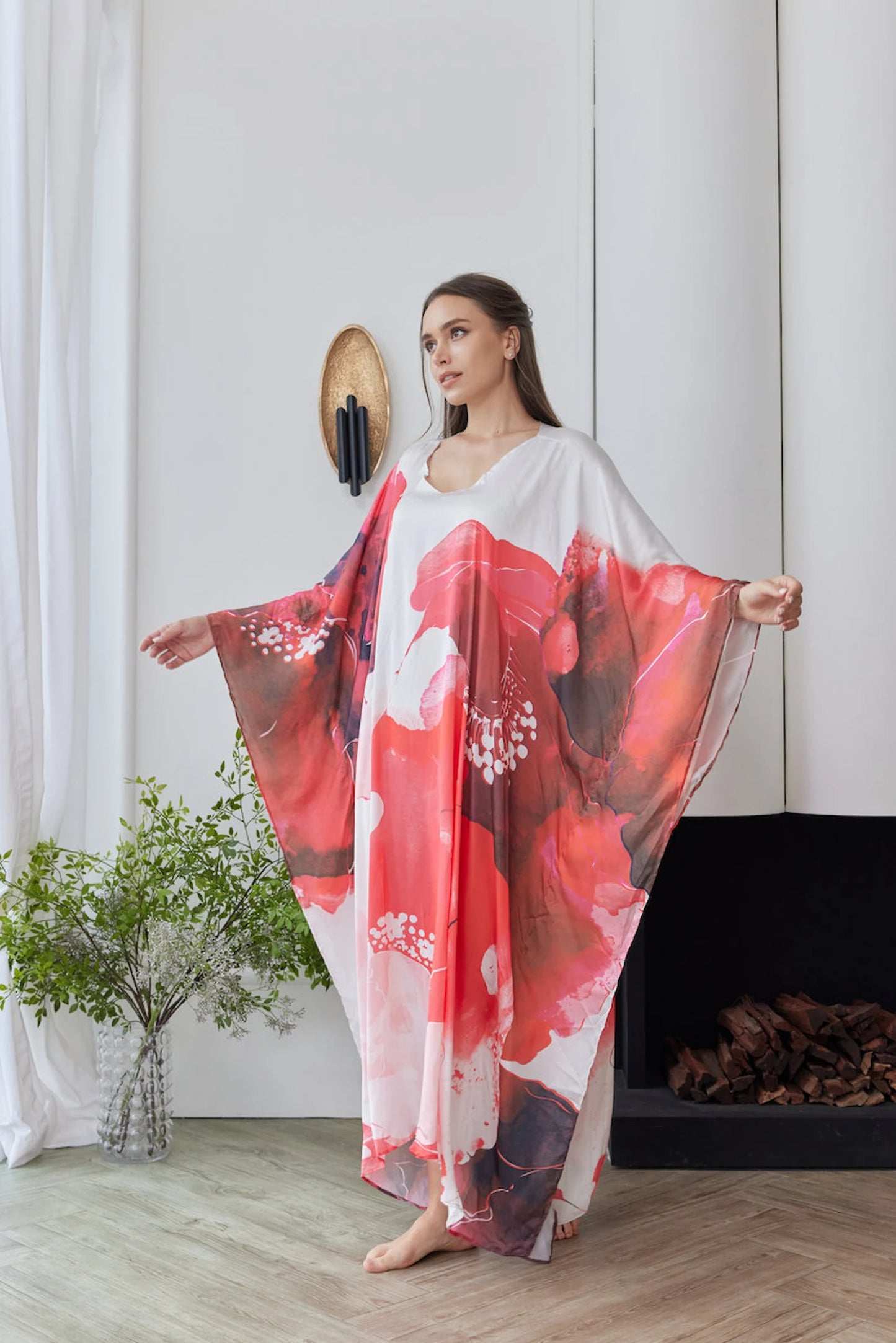 Handpainted Abstract Red White Floral Caftan Dressing Gown Kaftan Full Length Silk