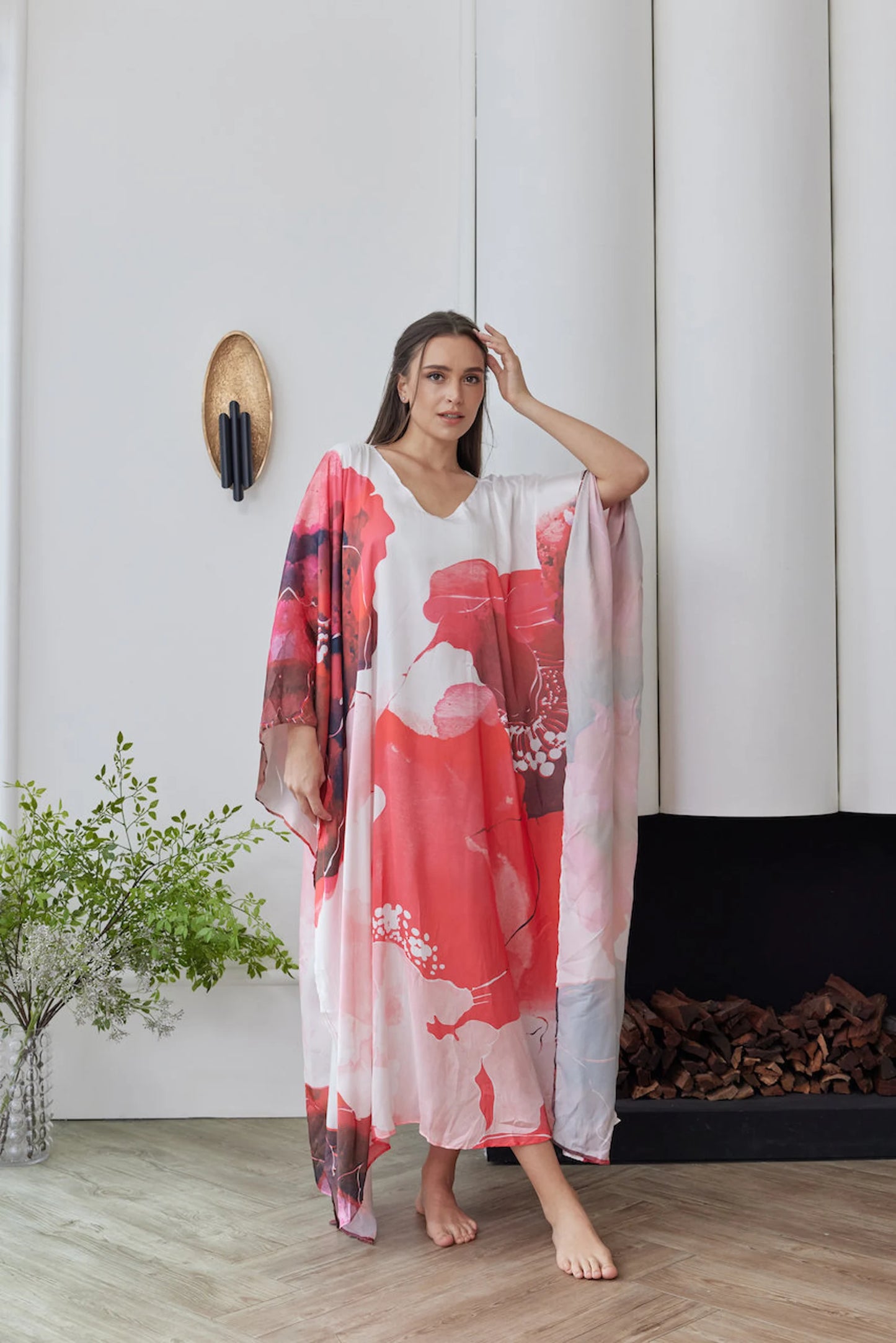 Handpainted Abstract Red White Floral Caftan Dressing Gown Kaftan Full Length Silk