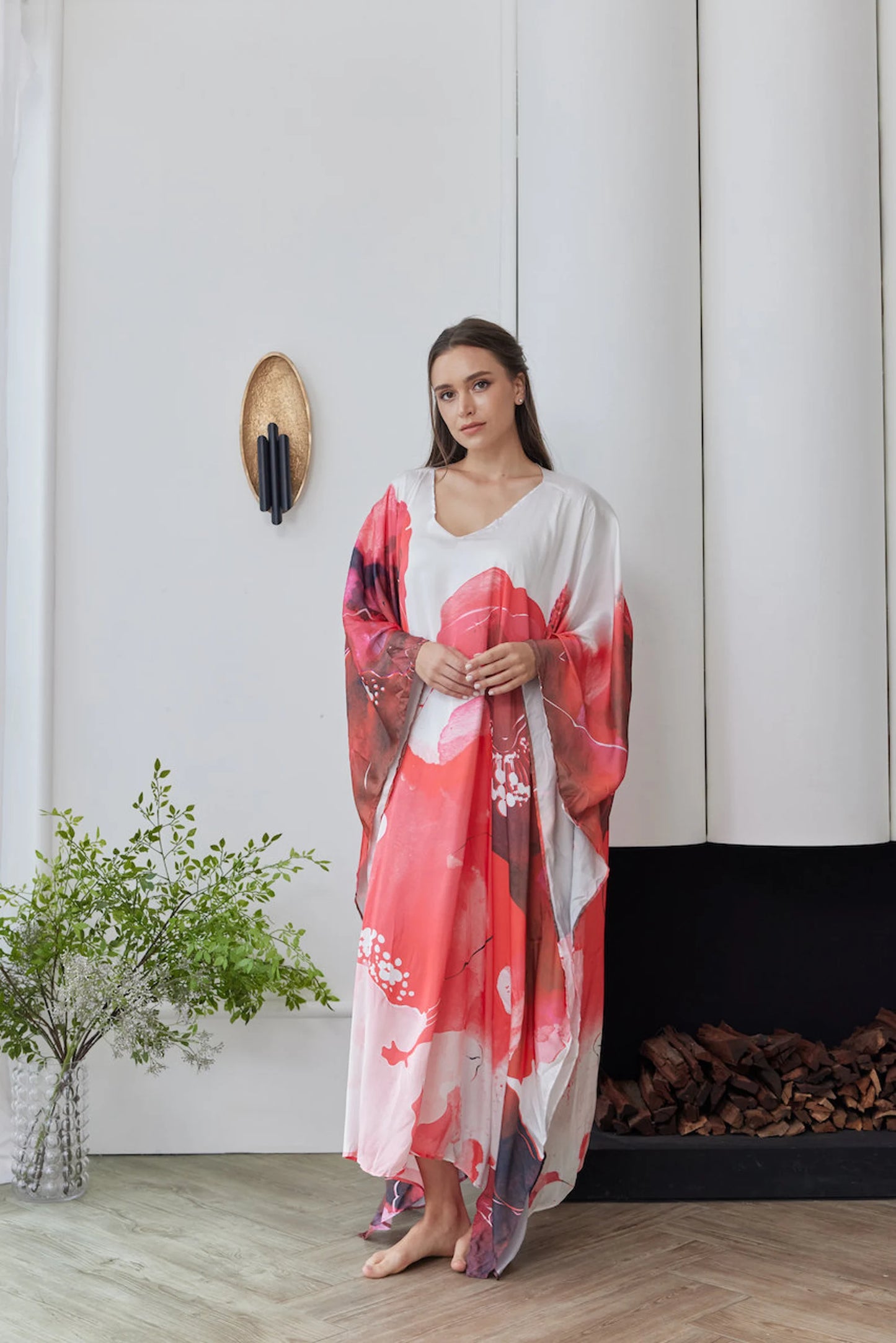 Handpainted Abstract Red White Floral Caftan Dressing Gown Kaftan Full Length Silk