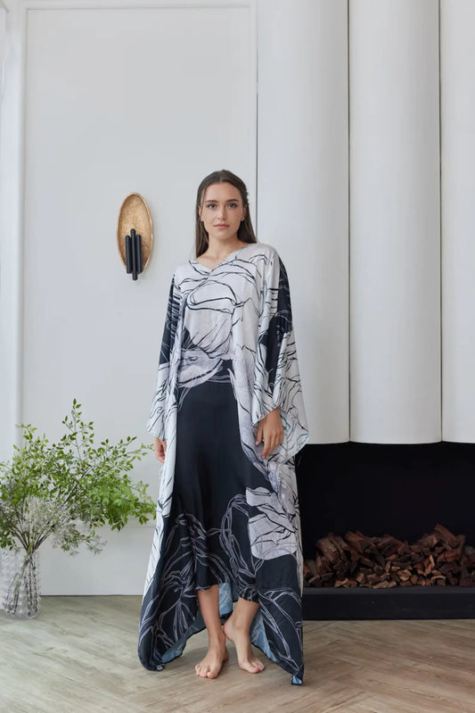 Handpainted Black Silk Floral Kaftan Beach Wear Line Art