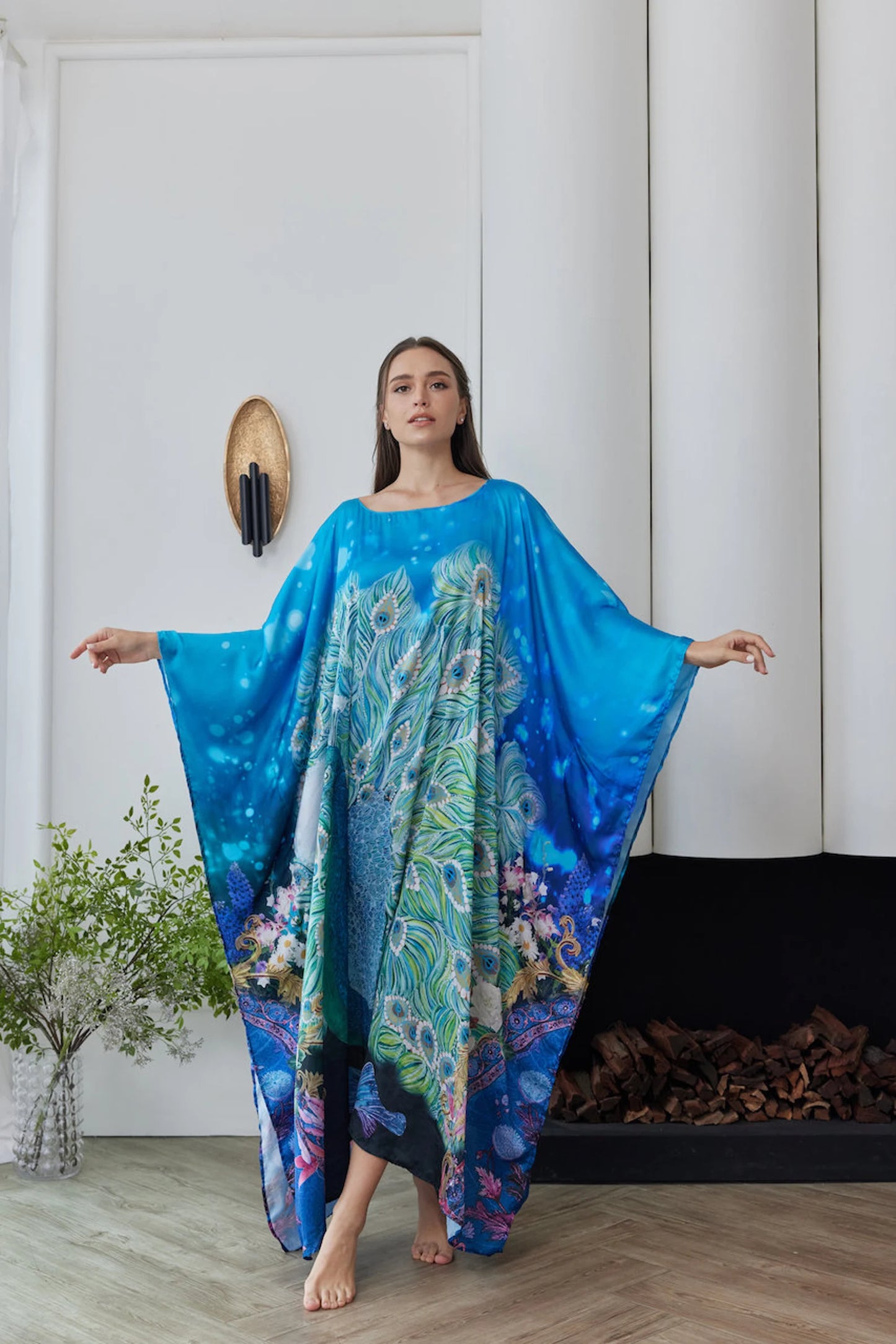 Handpainted Peacock Blue Silk Kaftan Robe Plus Size for Women Lounge Wear