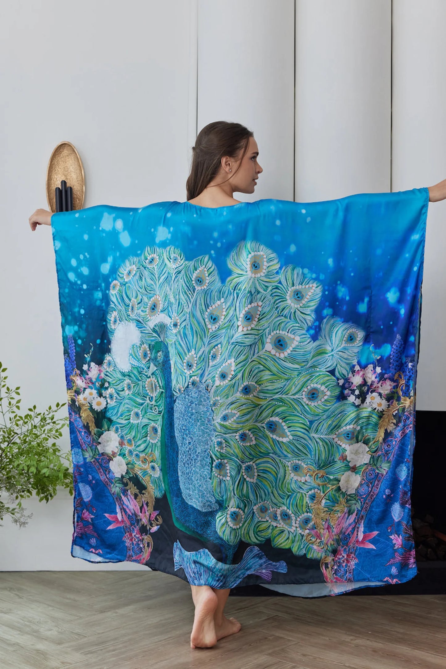 Handpainted Peacock Blue Silk Kaftan Robe Plus Size for Women Lounge Wear