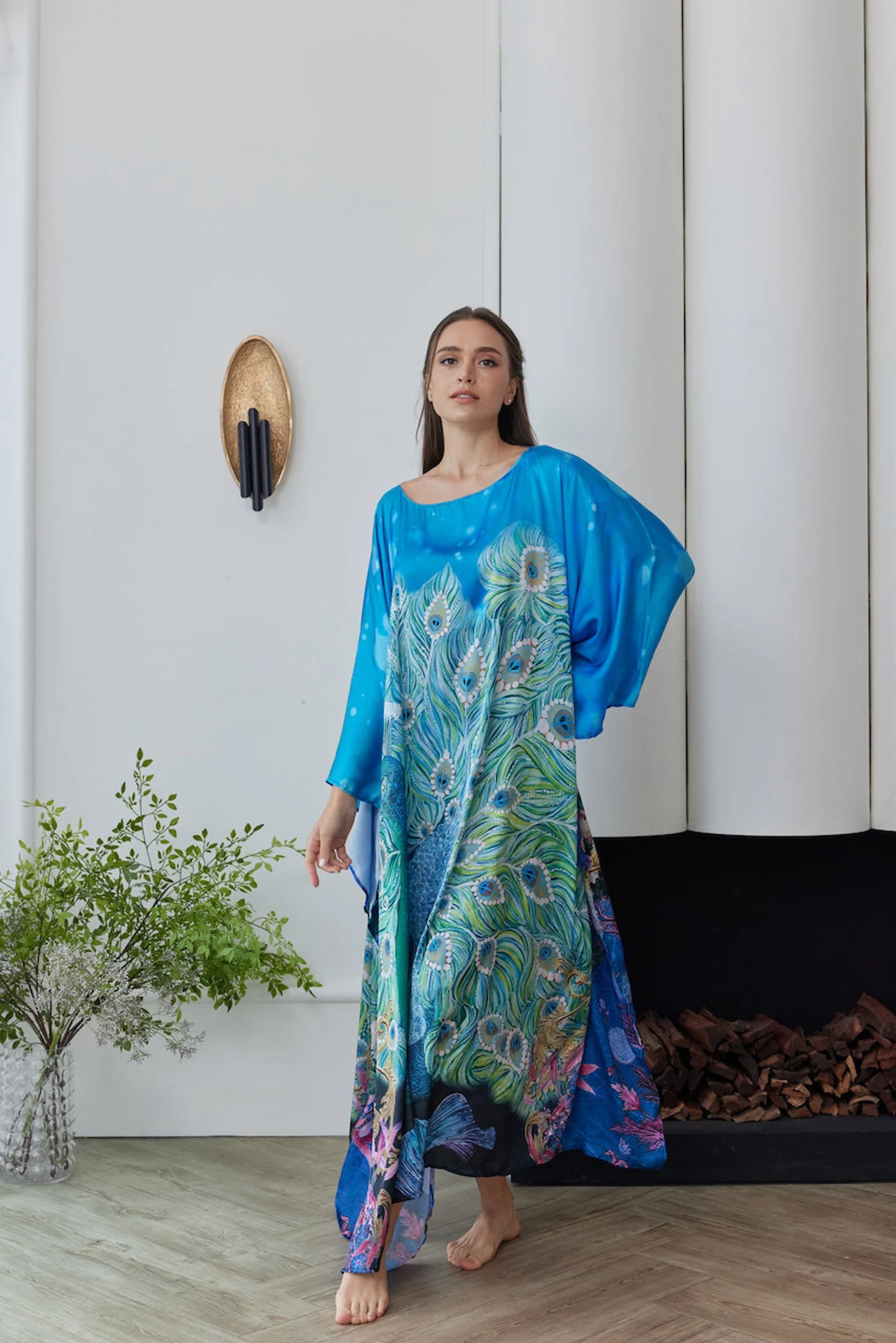 Handpainted Peacock Blue Silk Kaftan Robe Plus Size for Women Lounge Wear