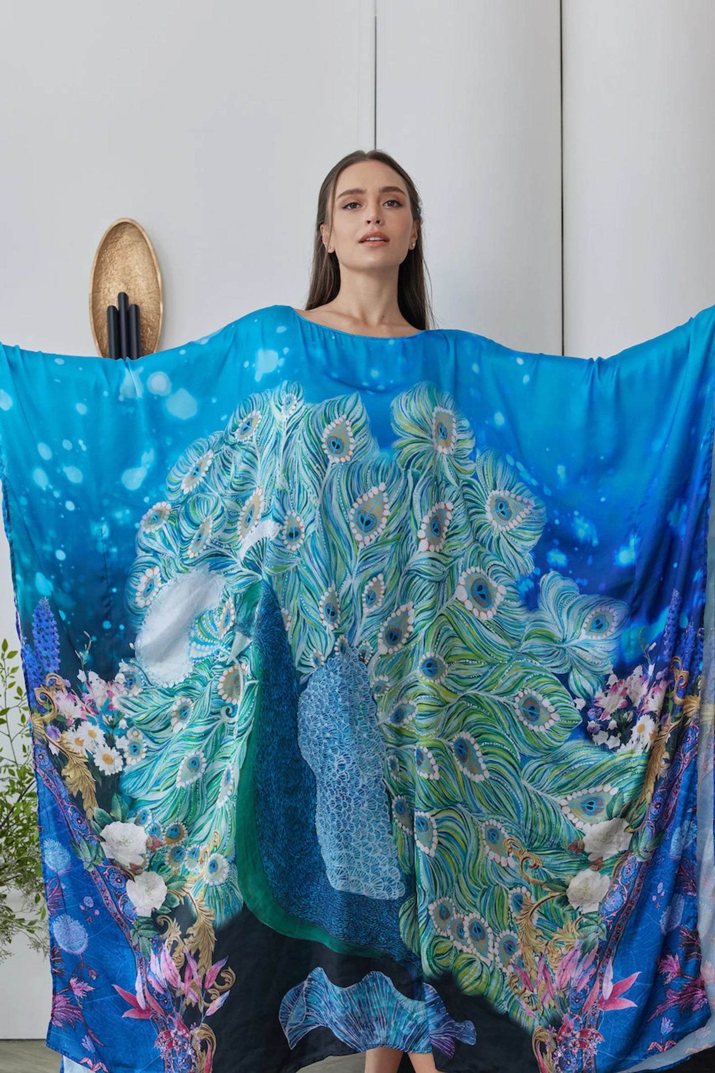 Handpainted Peacock Blue Silk Kaftan Robe Plus Size for Women Lounge Wear