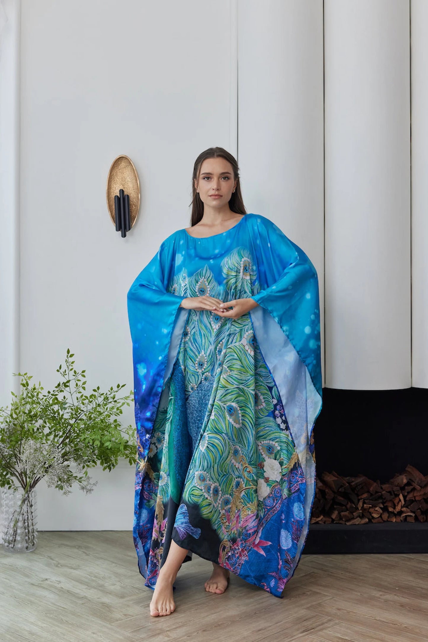 Handpainted Peacock Blue Silk Kaftan Robe Plus Size for Women Lounge Wear