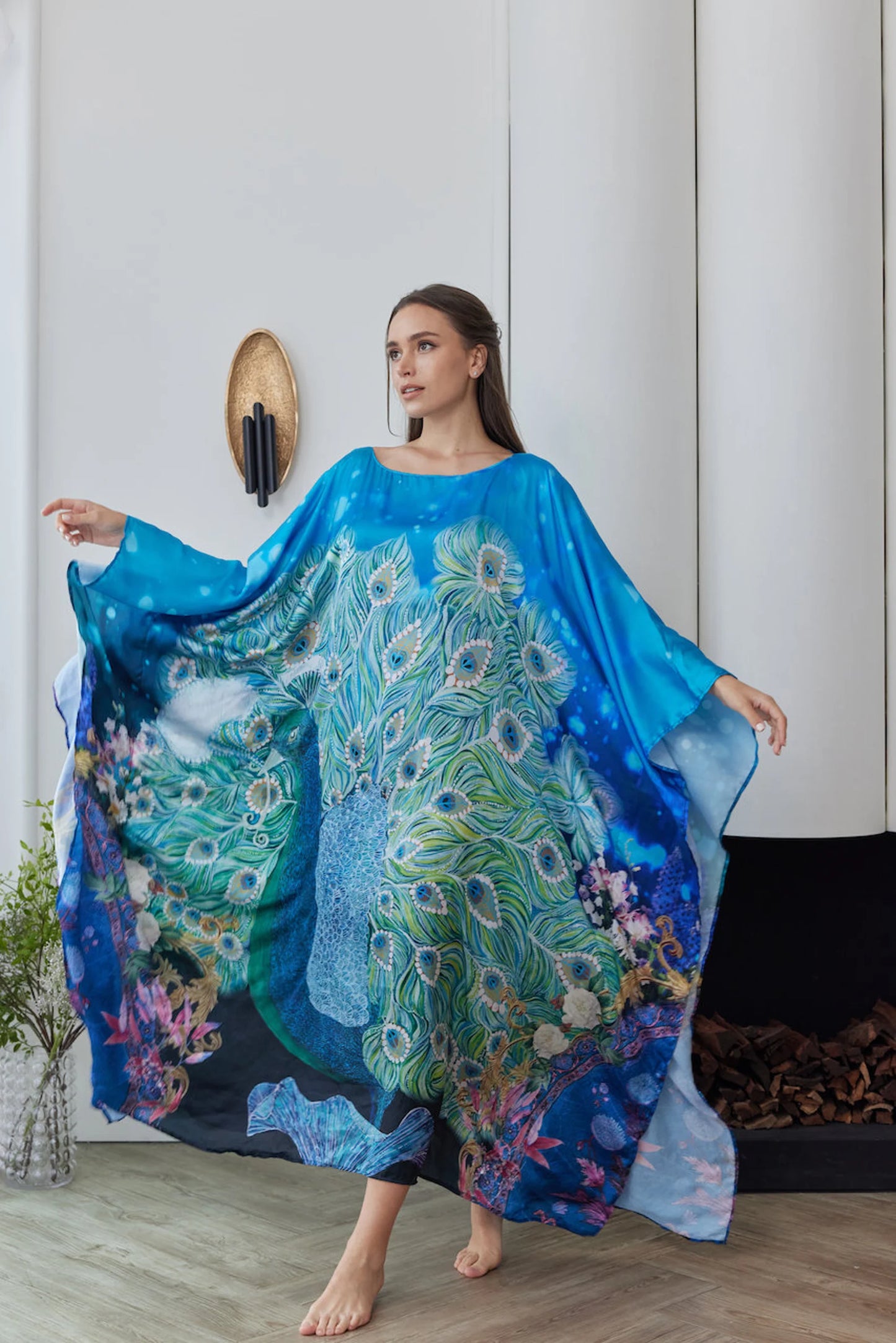 Handpainted Peacock Blue Silk Kaftan Robe Plus Size for Women Lounge Wear