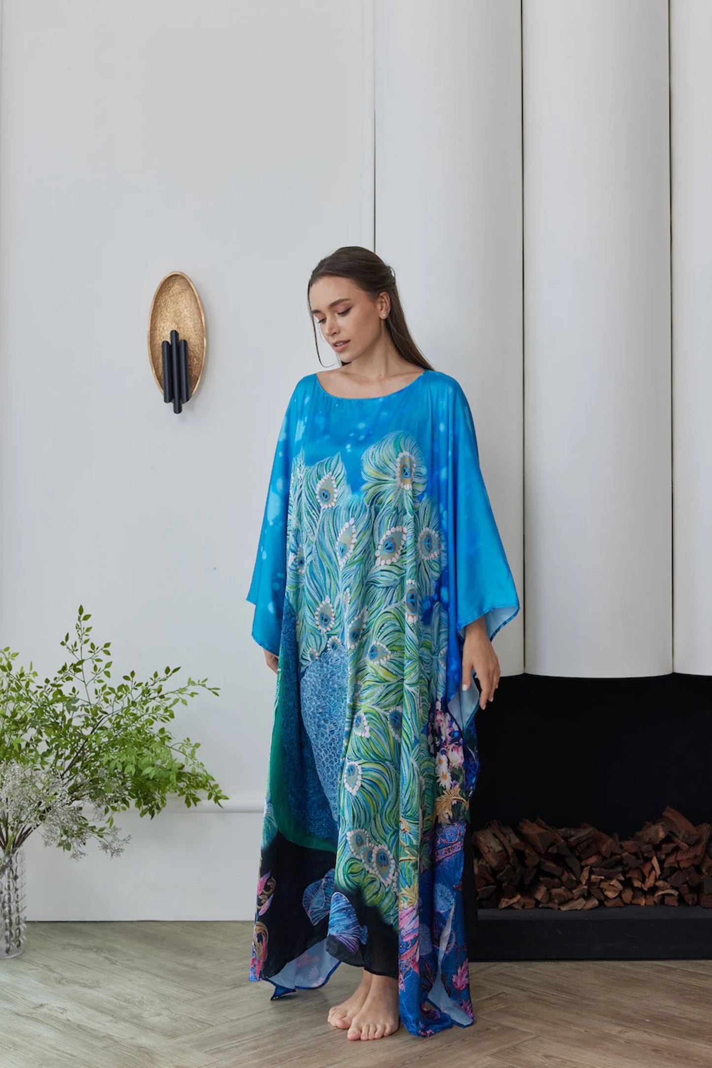 Handpainted Peacock Blue Silk Kaftan Robe Plus Size for Women Lounge Wear