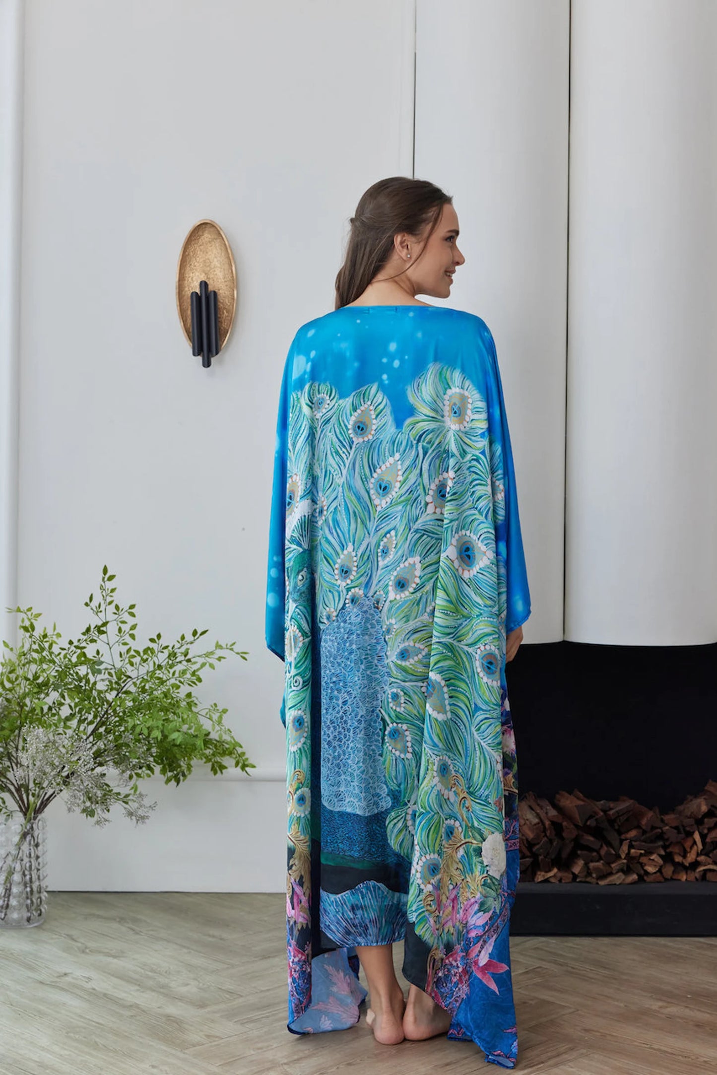 Handpainted Peacock Blue Silk Kaftan Robe Plus Size for Women Lounge Wear