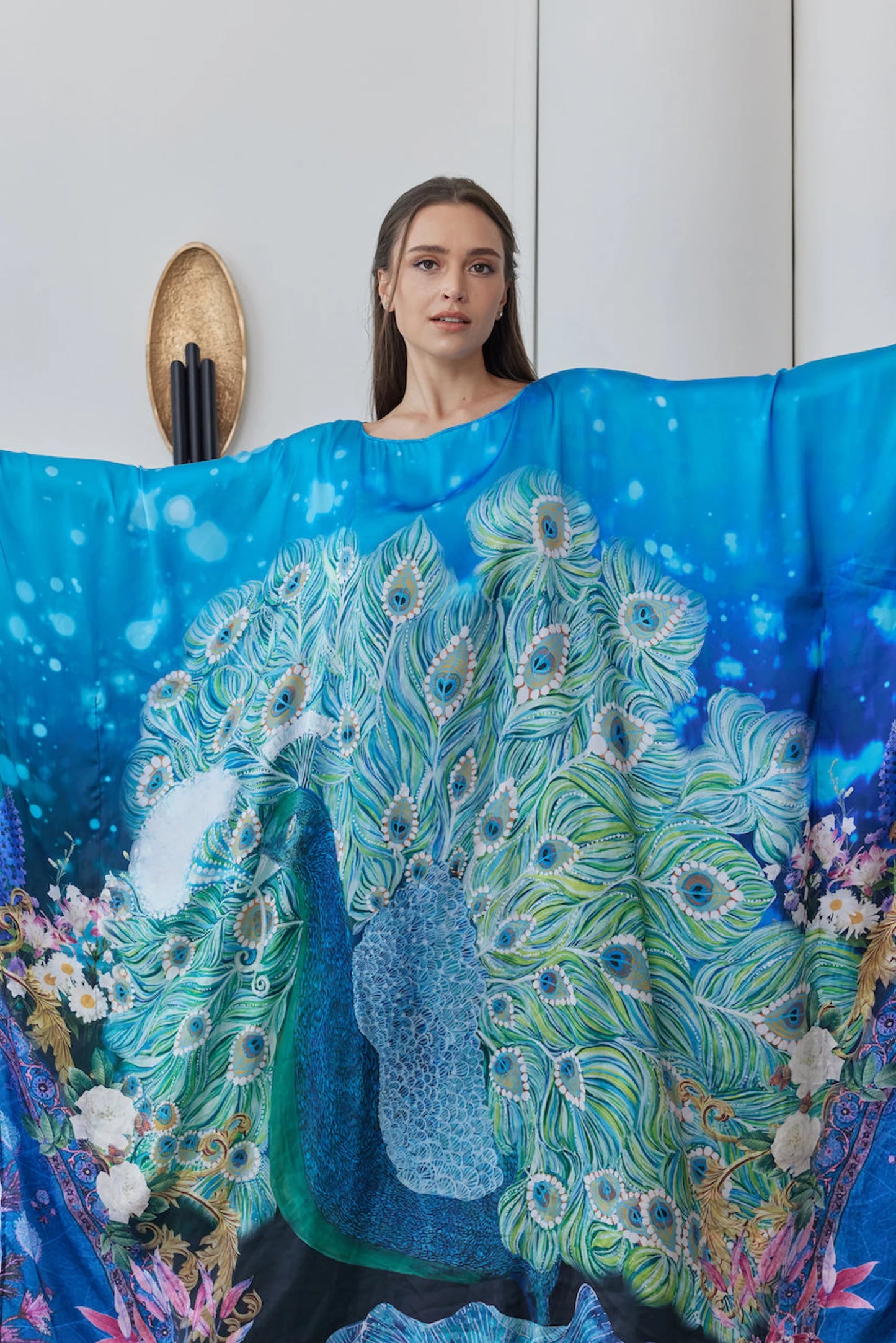 Handpainted Peacock Blue Silk Kaftan Robe Plus Size for Women Lounge Wear