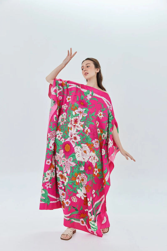 Hot Pink Floral Silk Kaftan Pretty Lady Handmade Caftan for Women Plus Size Dress