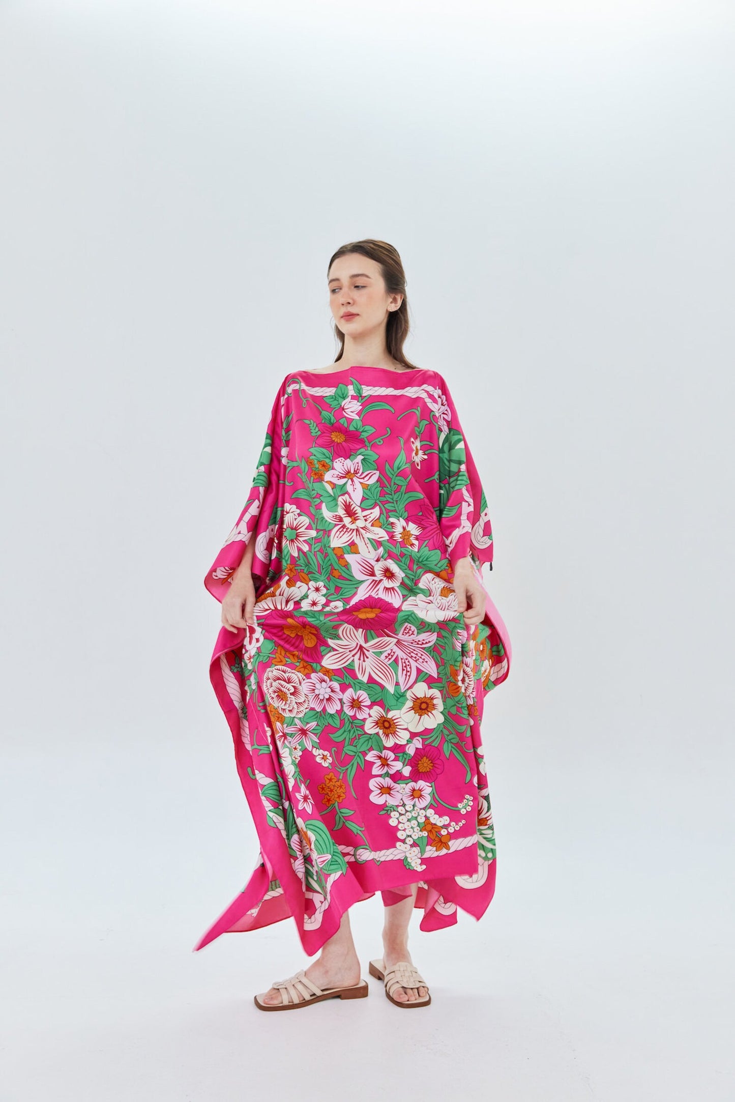 Hot Pink Floral Silk Kaftan Pretty Lady Handmade Caftan for Women Plus Size Dress