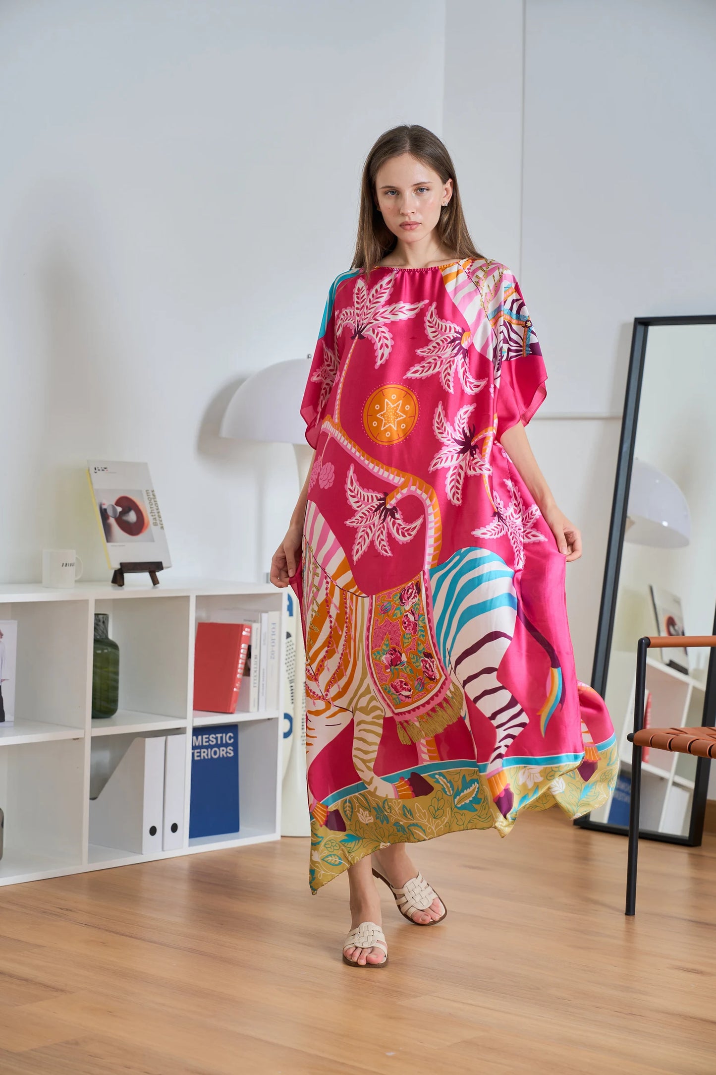 Hot Pink Silky Kaftan Dress Horse Forest Women Pyjamas Plus Size