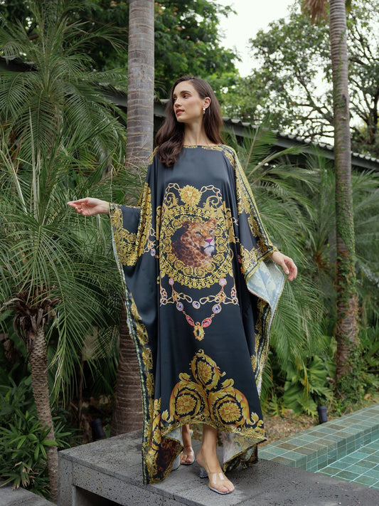 Leopard Silk Black Gold Kaftan Maxi Dress Kaftan Beach