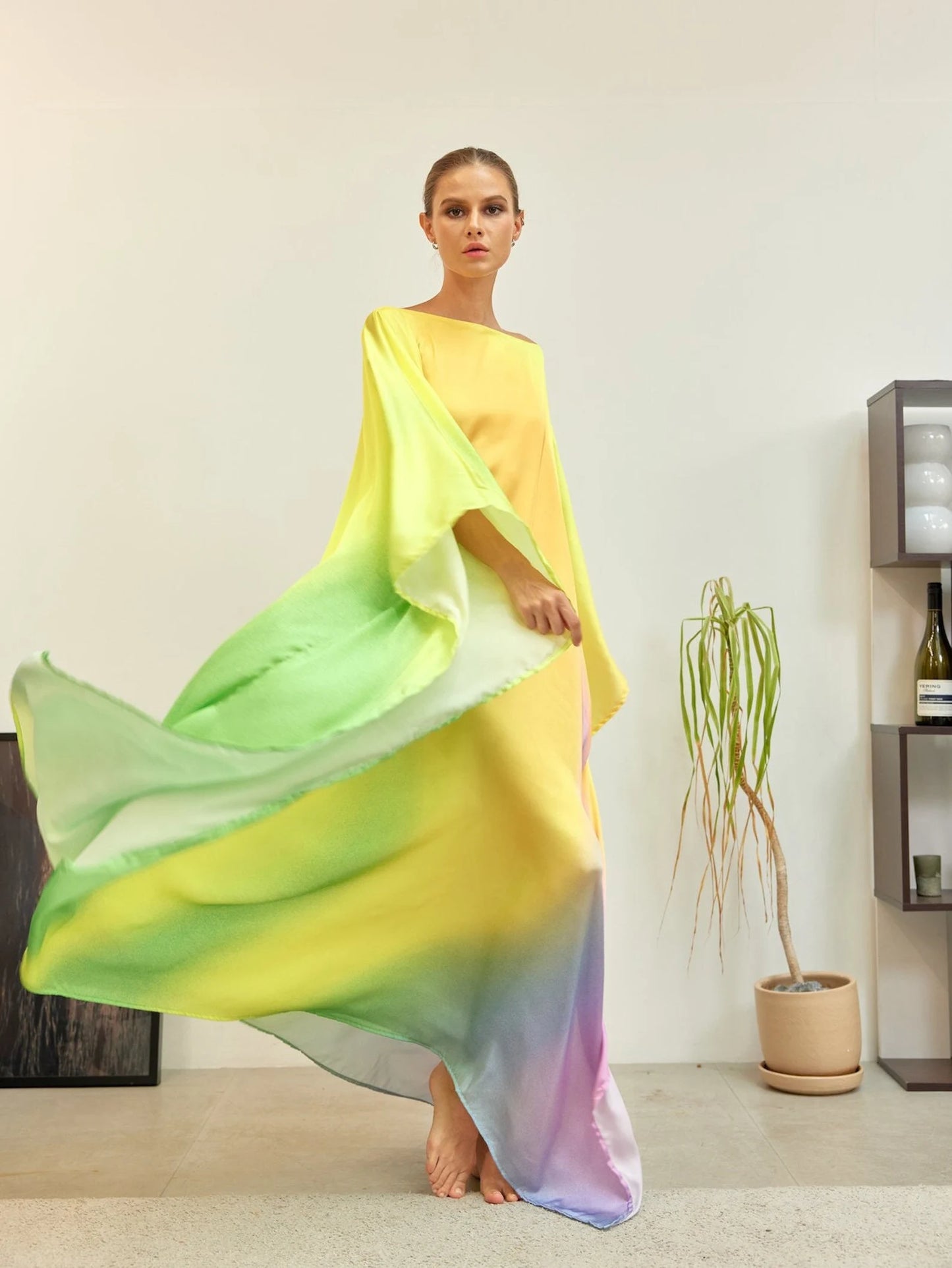 Light Green Gradient Soft Full Length Caftan Silk Dress Designer Long Robe