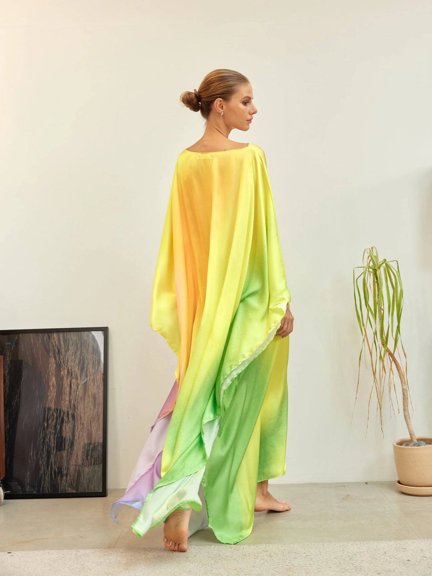 Light Green Gradient Soft Full Length Caftan Silk Dress Designer Long Robe