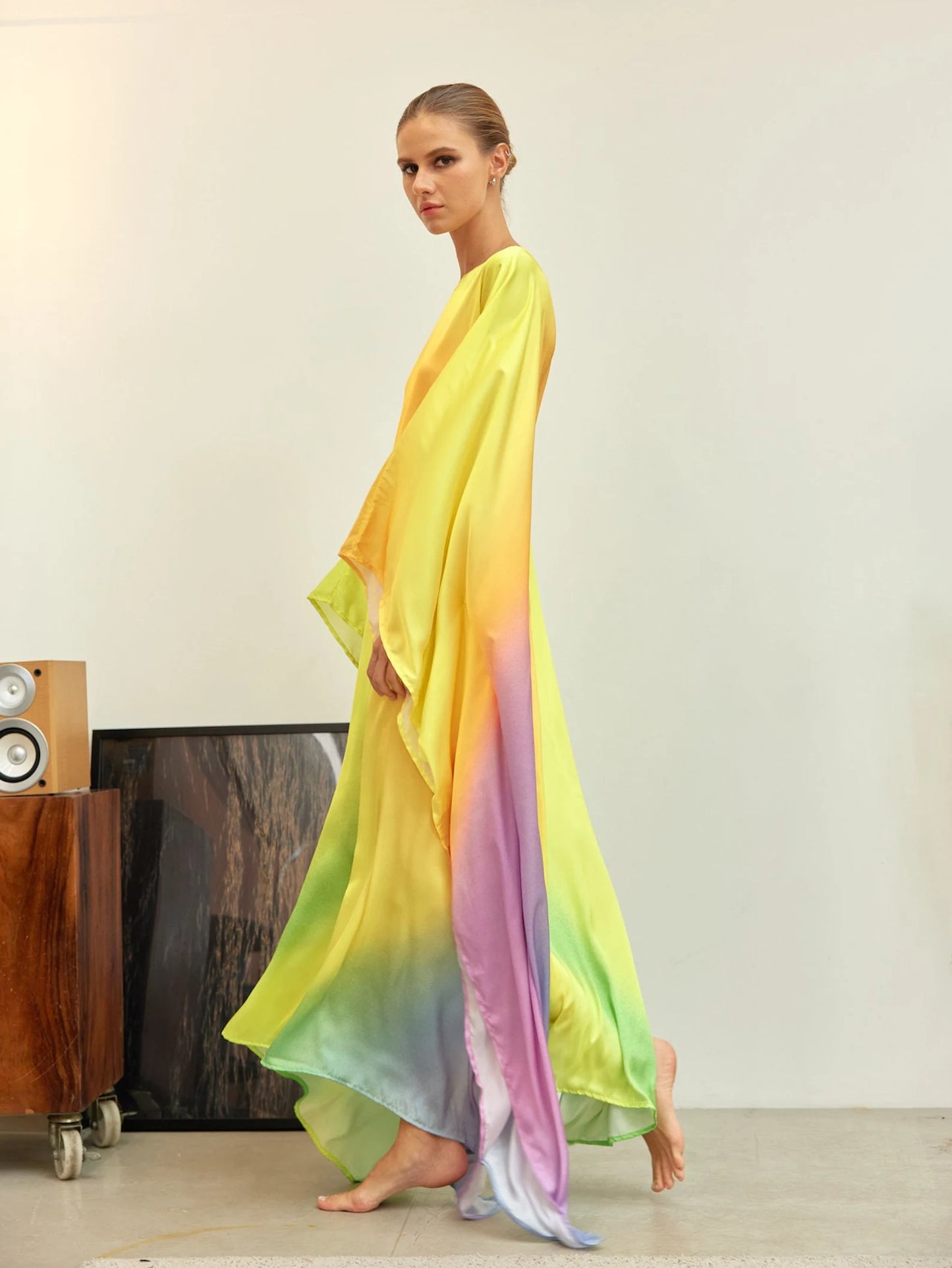 Light Green Gradient Soft Full Length Caftan Silk Dress Designer Long Robe