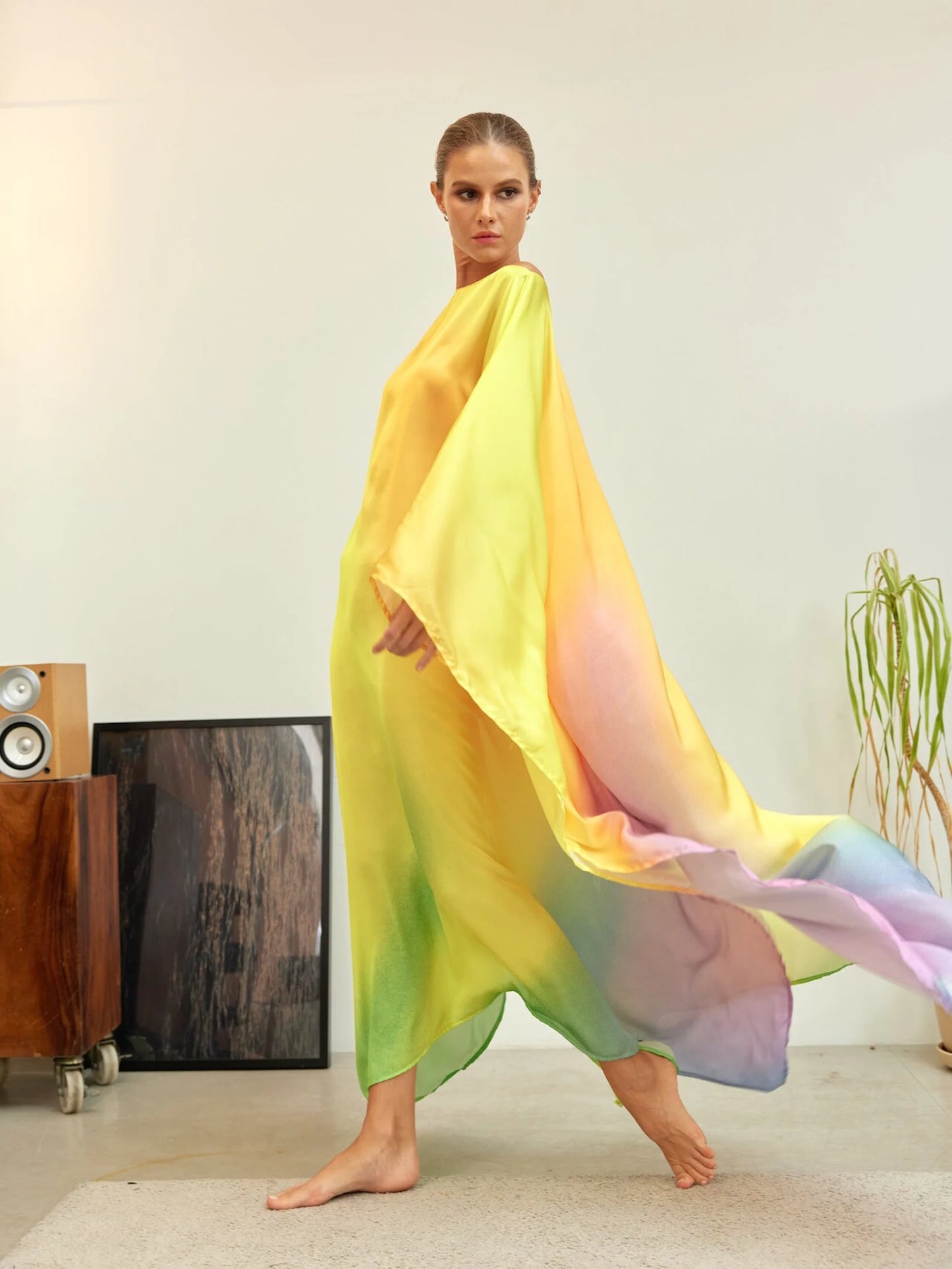 Light Green Gradient Soft Full Length Caftan Silk Dress Designer Long Robe