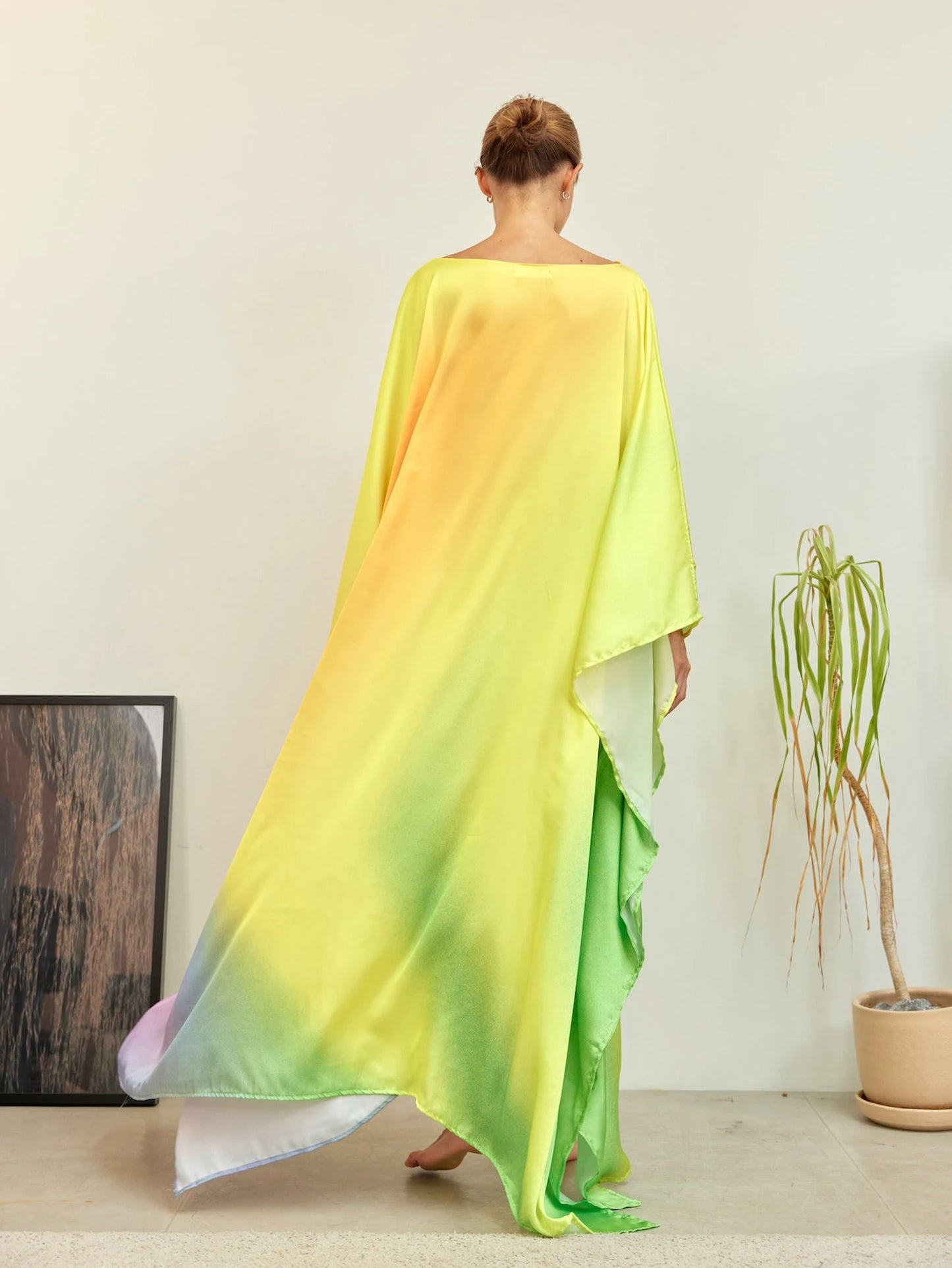 Light Green Gradient Soft Full Length Caftan Silk Dress Designer Long Robe