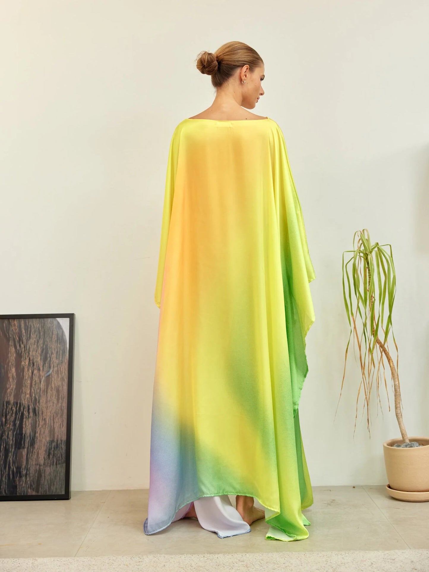 Light Green Gradient Soft Full Length Caftan Silk Dress Designer Long Robe