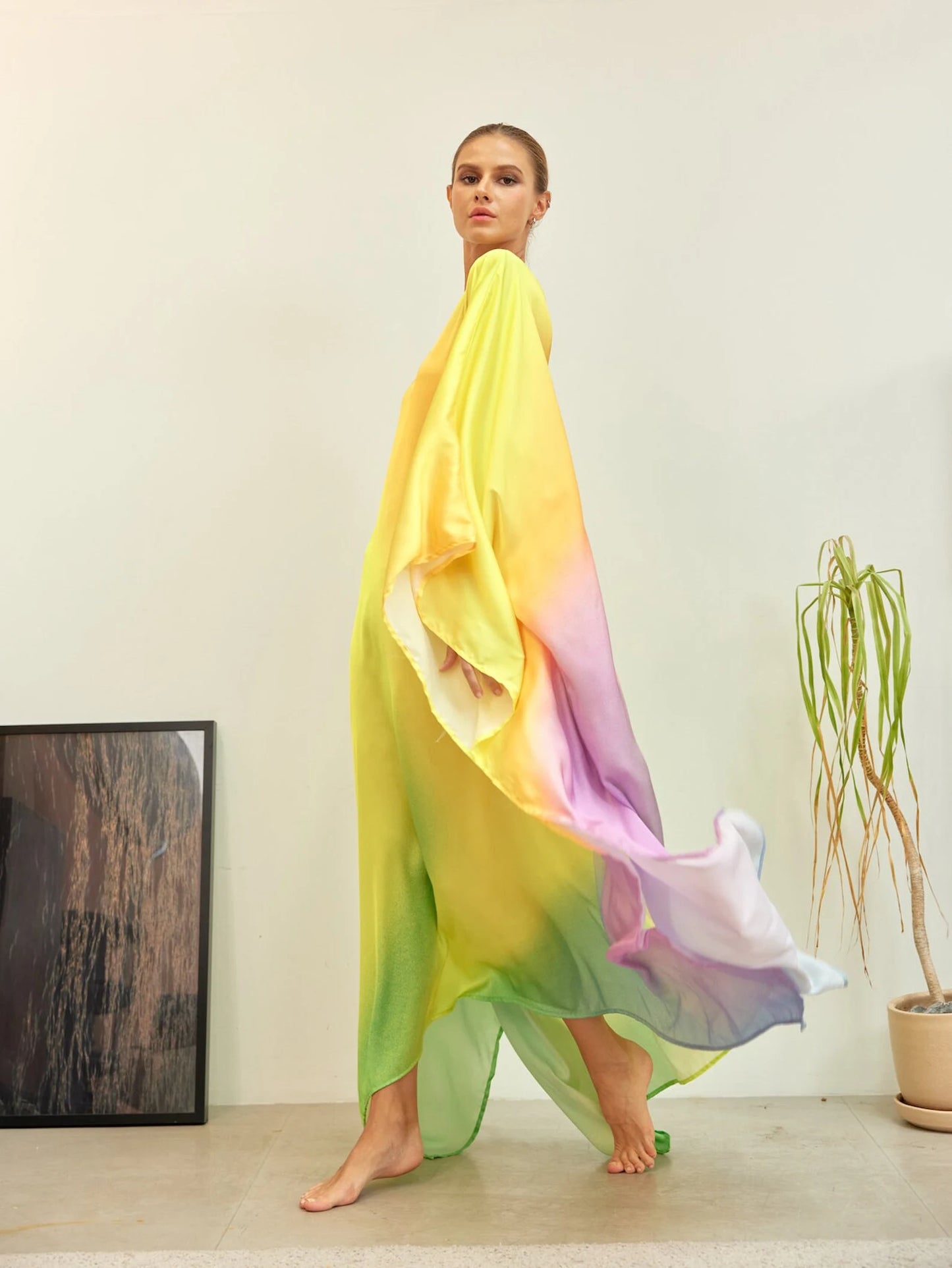 Light Green Gradient Soft Full Length Caftan Silk Dress Designer Long Robe