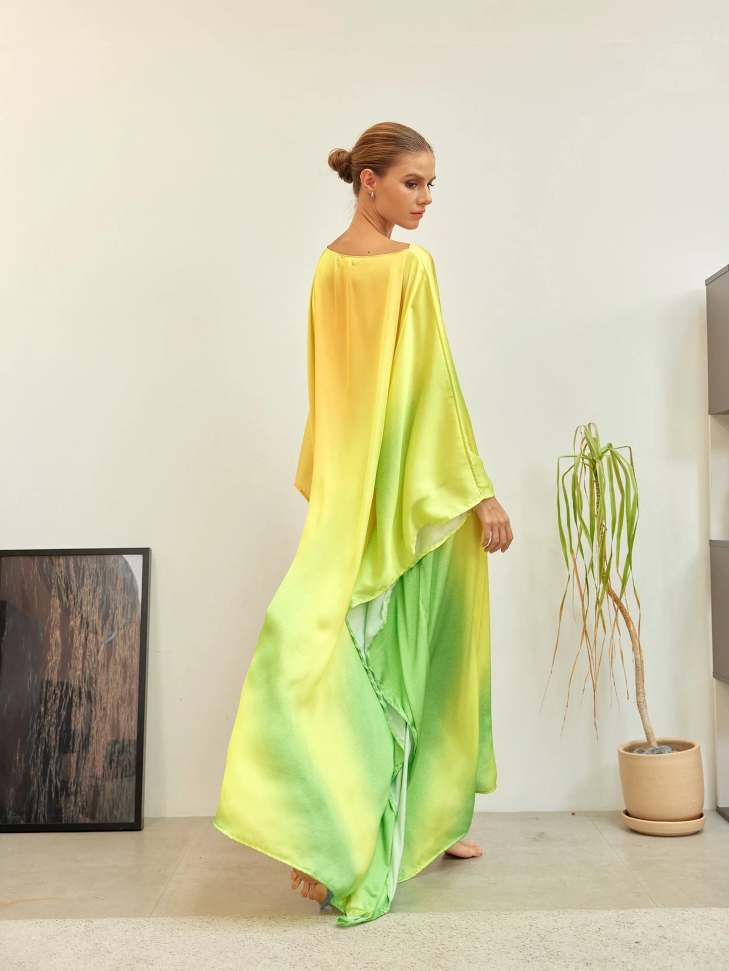 Light Green Gradient Soft Full Length Caftan Silk Dress Designer Long Robe