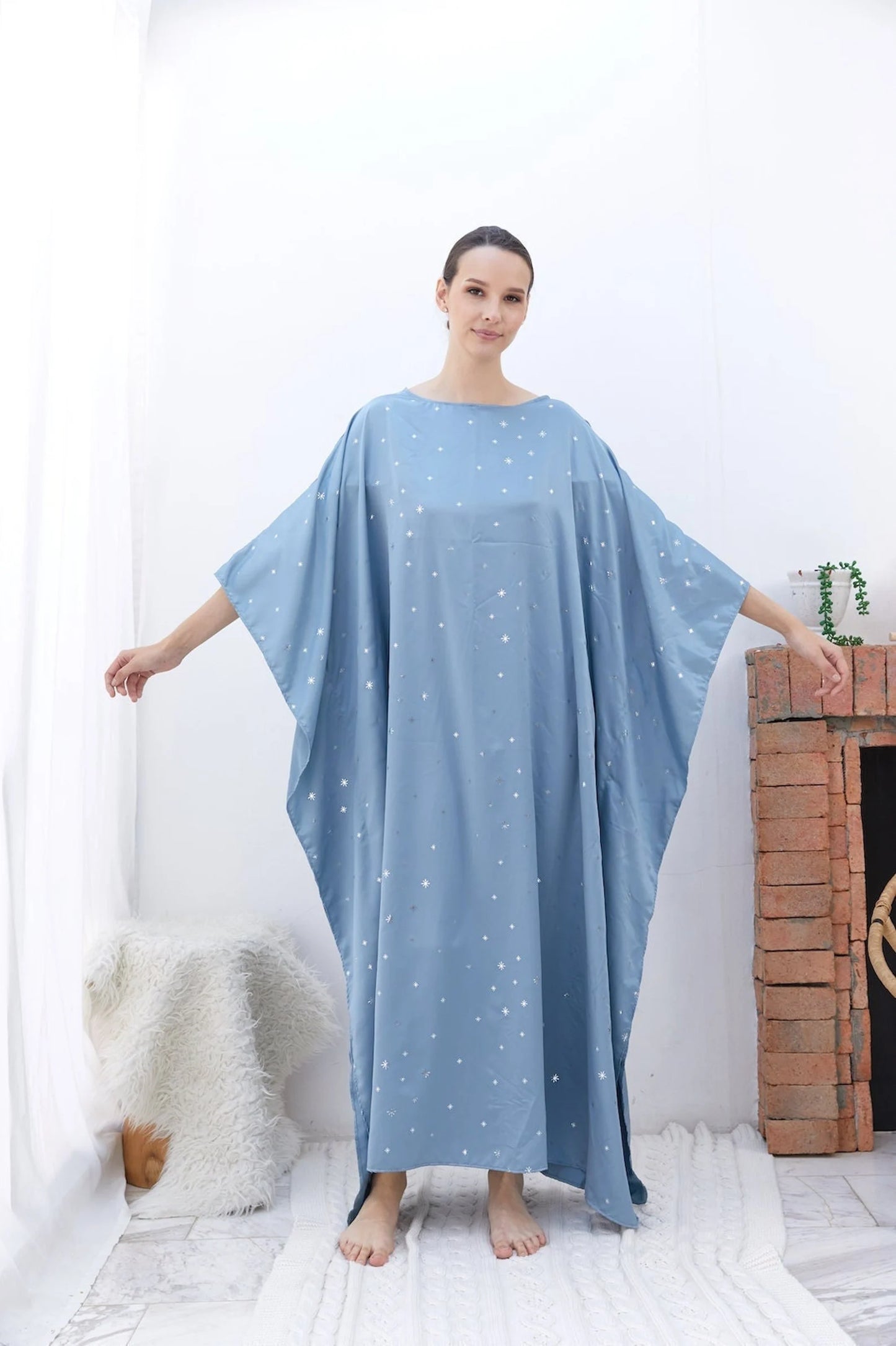 Little Fairy Baby Blue Silk Kaftan Dress Full Length