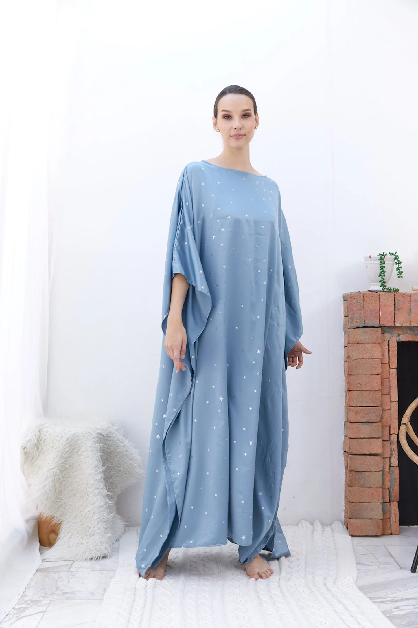 Little Fairy Baby Blue Silk Kaftan Dress Full Length