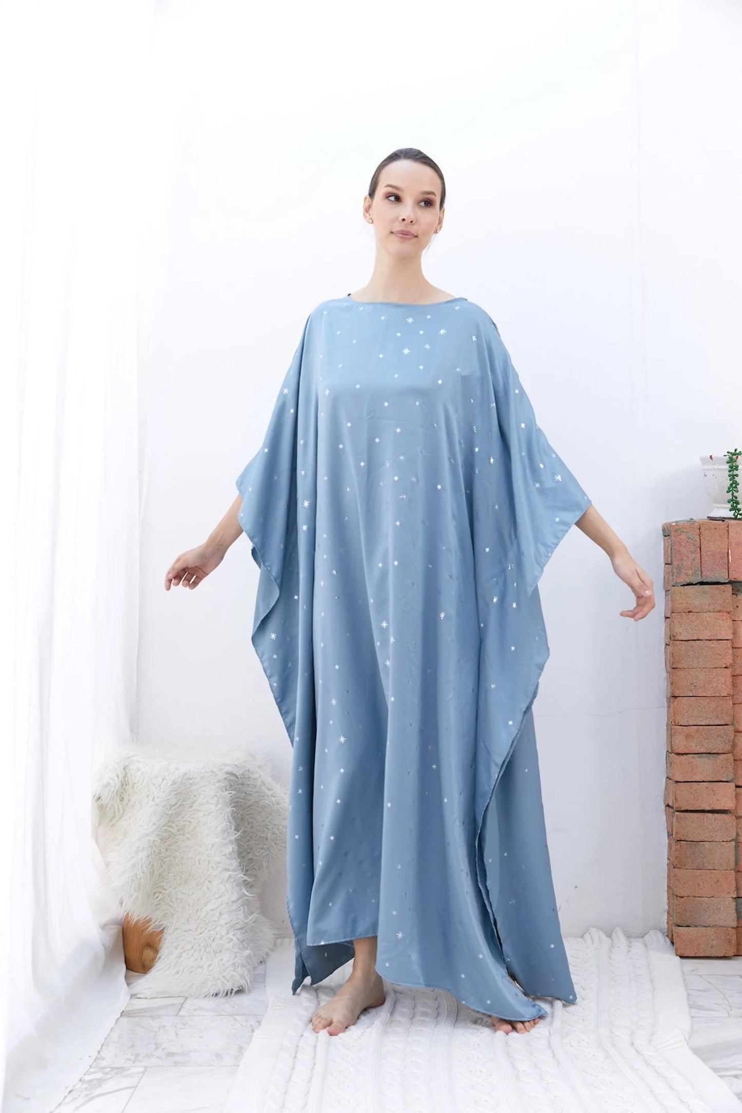 Little Fairy Baby Blue Silk Kaftan Dress Full Length