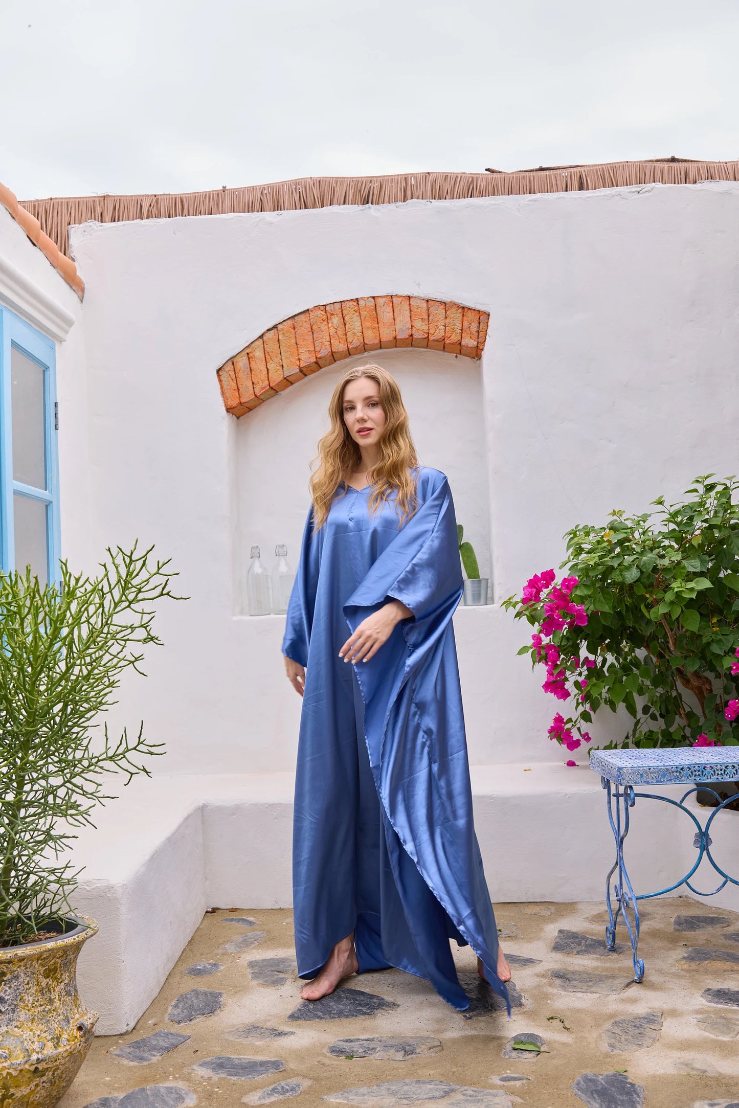 Luxury Blue Medium Oriental Silk Kaftan Women Designer Caftan Dress