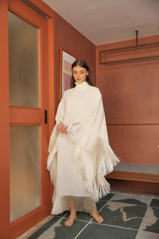 Off-White Cream Fringe-trimmed Kaftan Dress