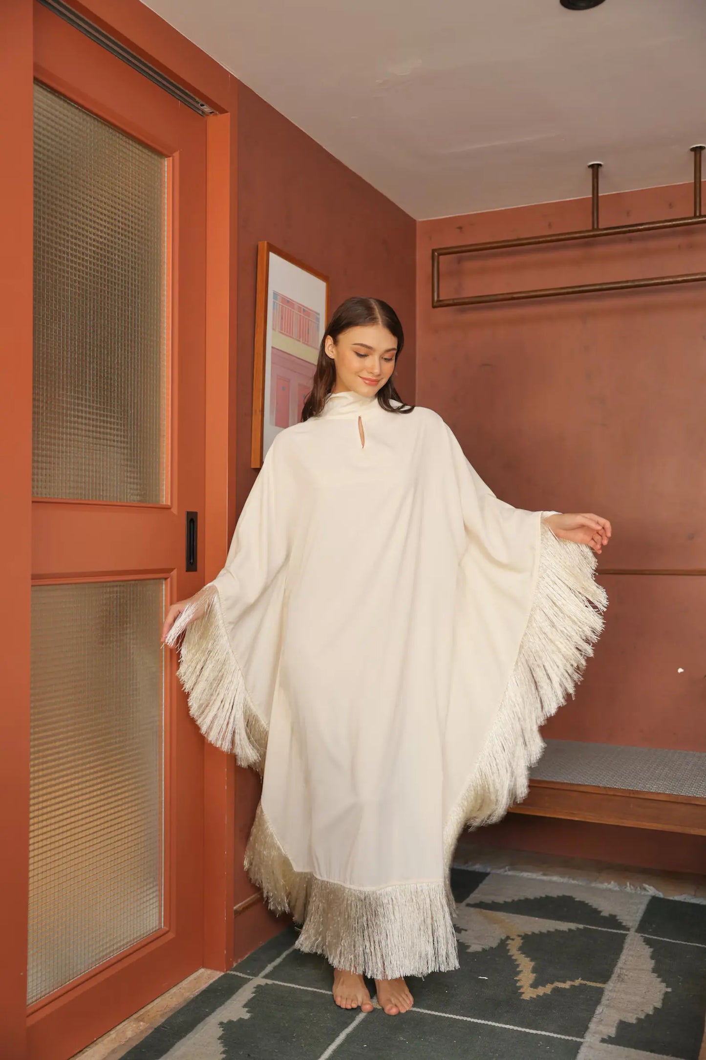 Off-White Cream Fringe-trimmed Kaftan Dress