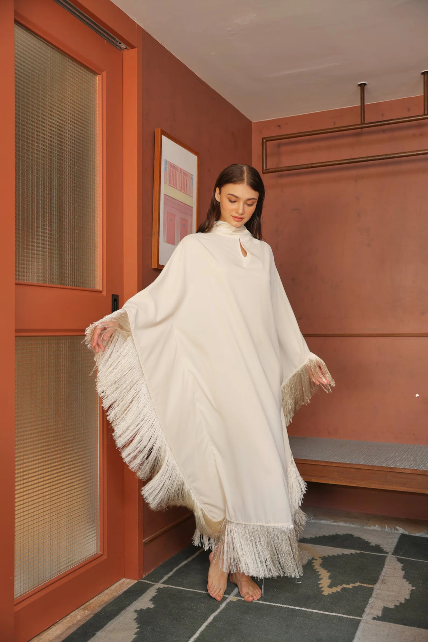 Off-White Cream Fringe-trimmed Kaftan Dress