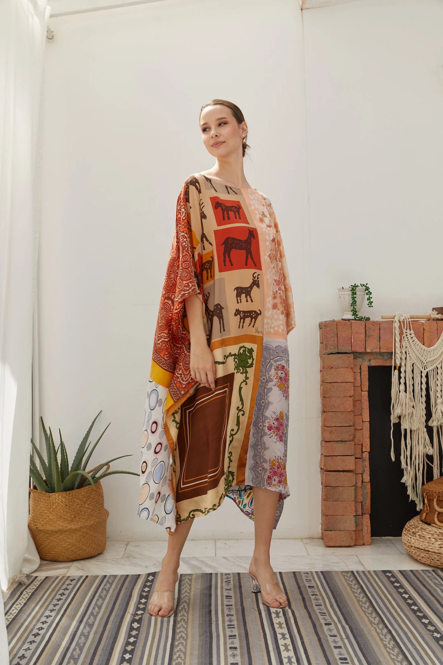 Orange Little Zoo Silk Scarf Kaftan Midi Length Women Plus Size Patchwork Dress