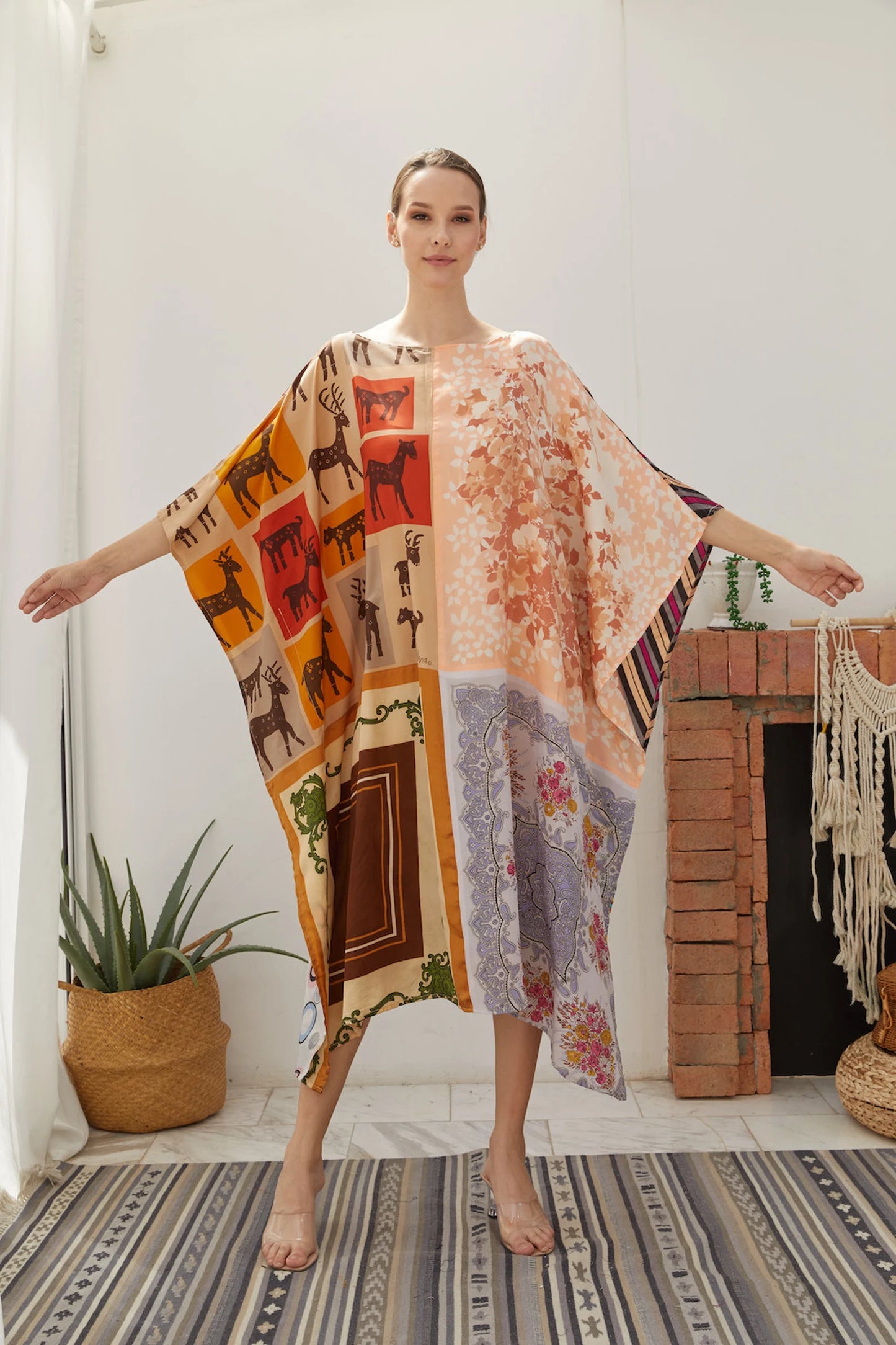 Orange Little Zoo Silk Scarf Kaftan Midi Length Women Plus Size Patchwork Dress