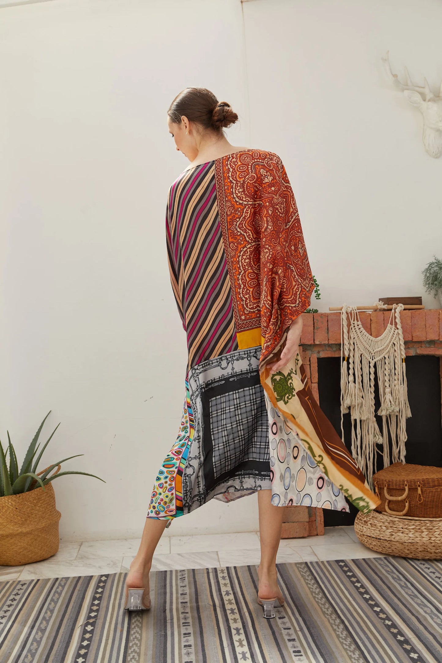 Orange Little Zoo Silk Scarf Kaftan Midi Length Women Plus Size Patchwork Dress