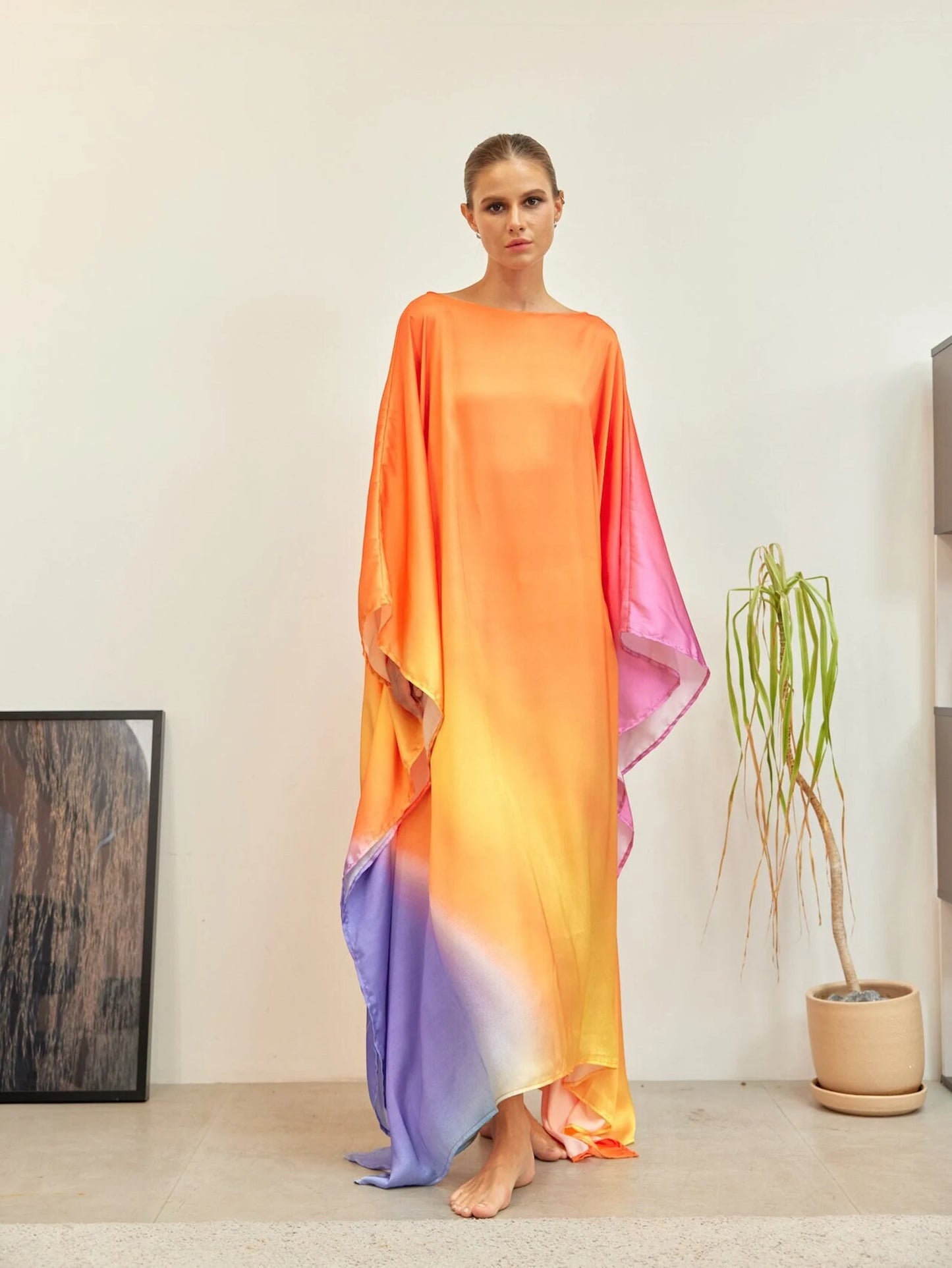 Orange Sunset Full Length Gradient Kaftan Dress Silk Caftan Loungewear