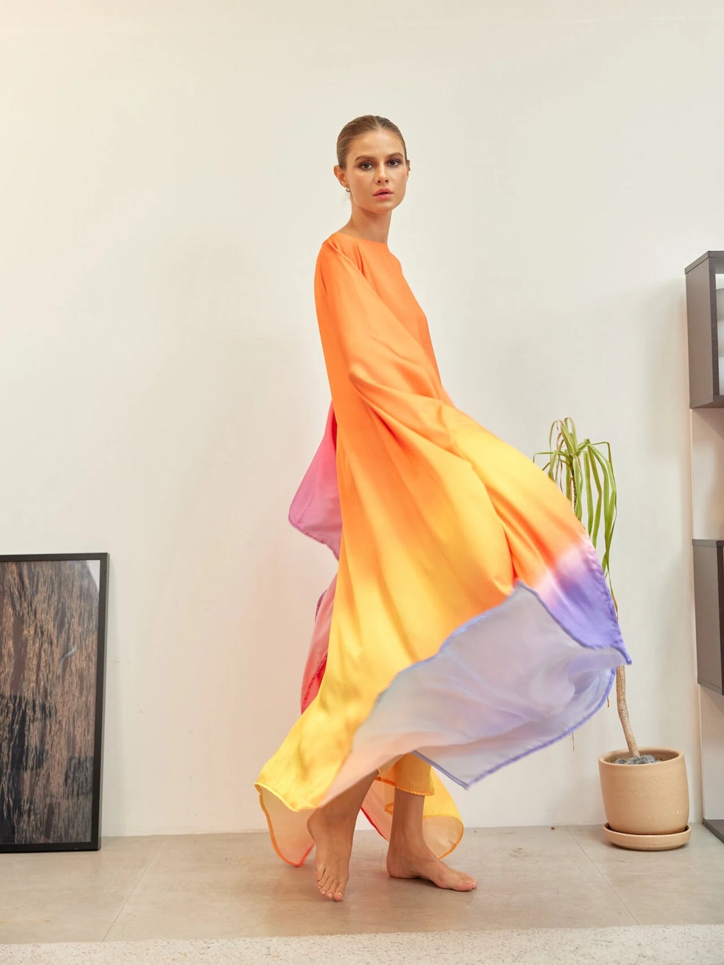 Orange Sunset Full Length Gradient Kaftan Dress Silk Caftan Loungewear