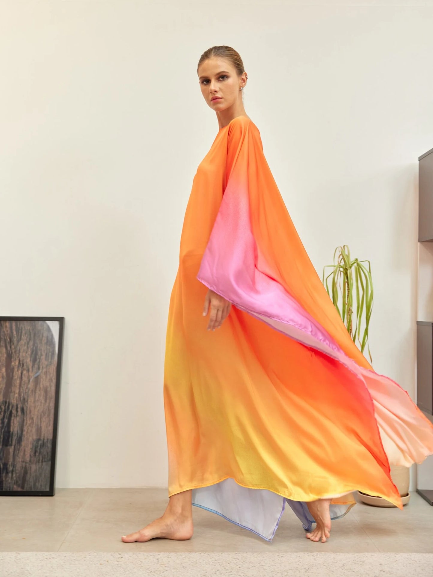 Orange Sunset Full Length Gradient Kaftan Dress Silk Caftan Loungewear