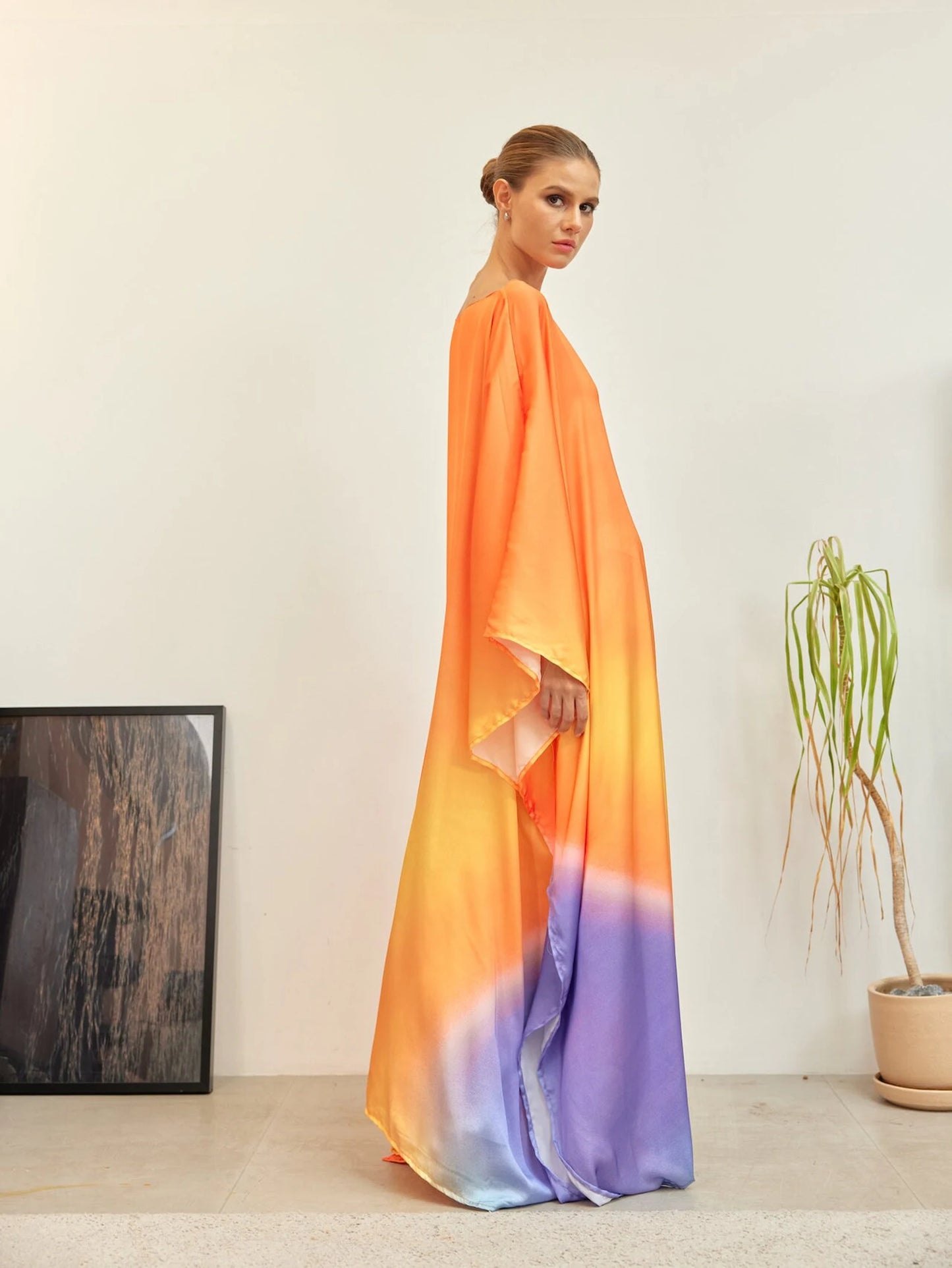 Orange Sunset Full Length Gradient Kaftan Dress Silk Caftan Loungewear