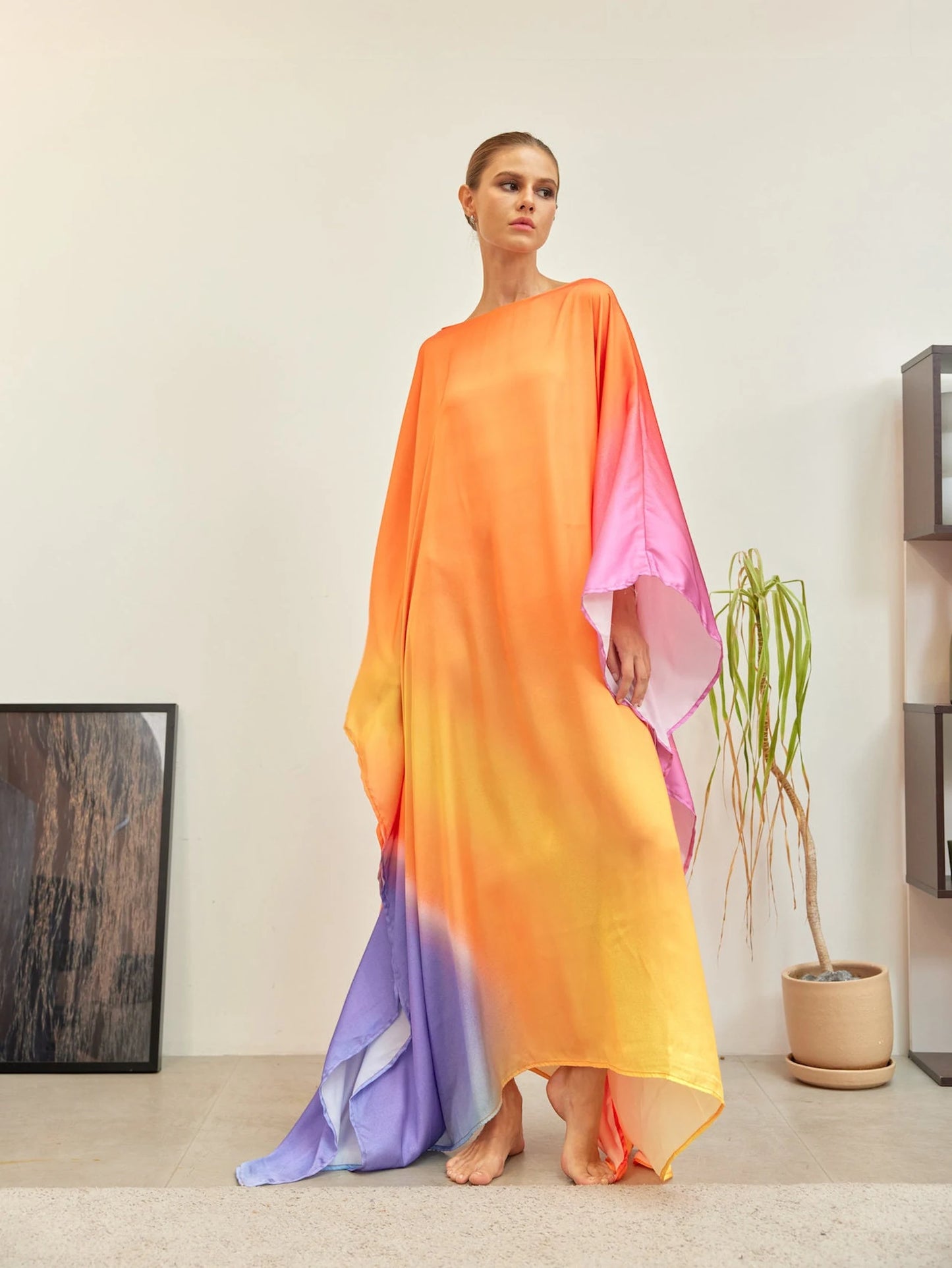 Orange Sunset Full Length Gradient Kaftan Dress Silk Caftan Loungewear