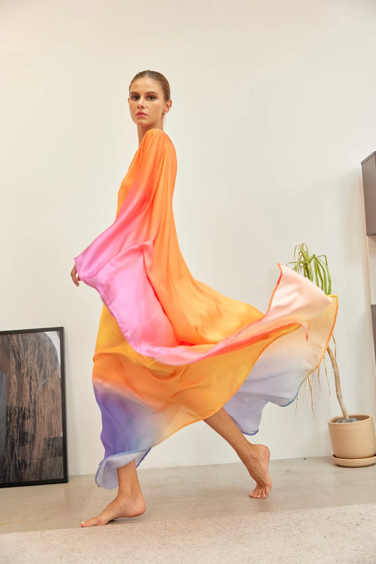 Orange Sunset Full Length Gradient Kaftan Dress Silk Caftan Loungewear