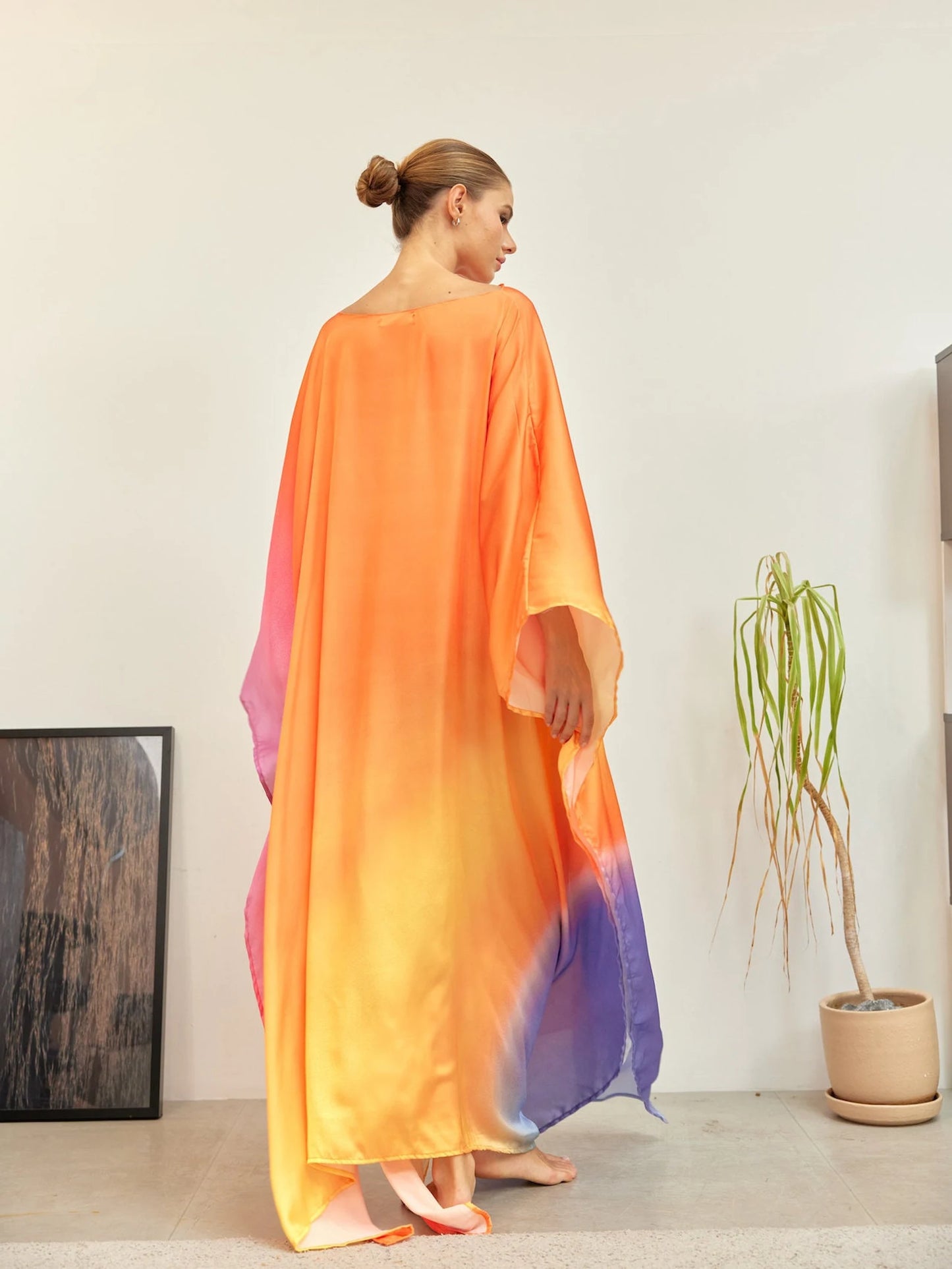 Orange Sunset Full Length Gradient Kaftan Dress Silk Caftan Loungewear