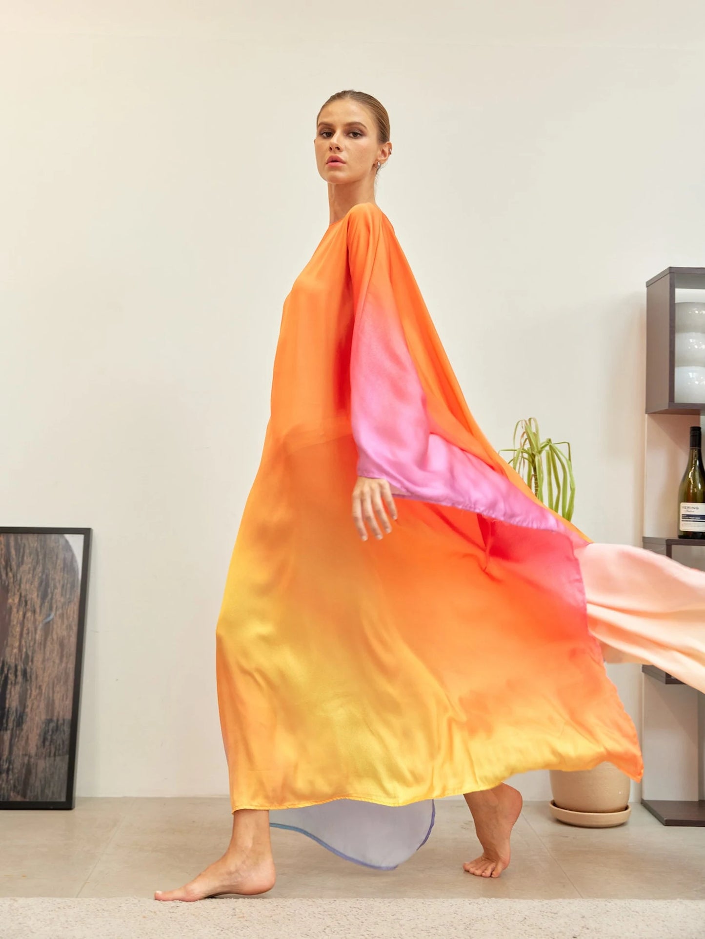 Orange Sunset Full Length Gradient Kaftan Dress Silk Caftan Loungewear