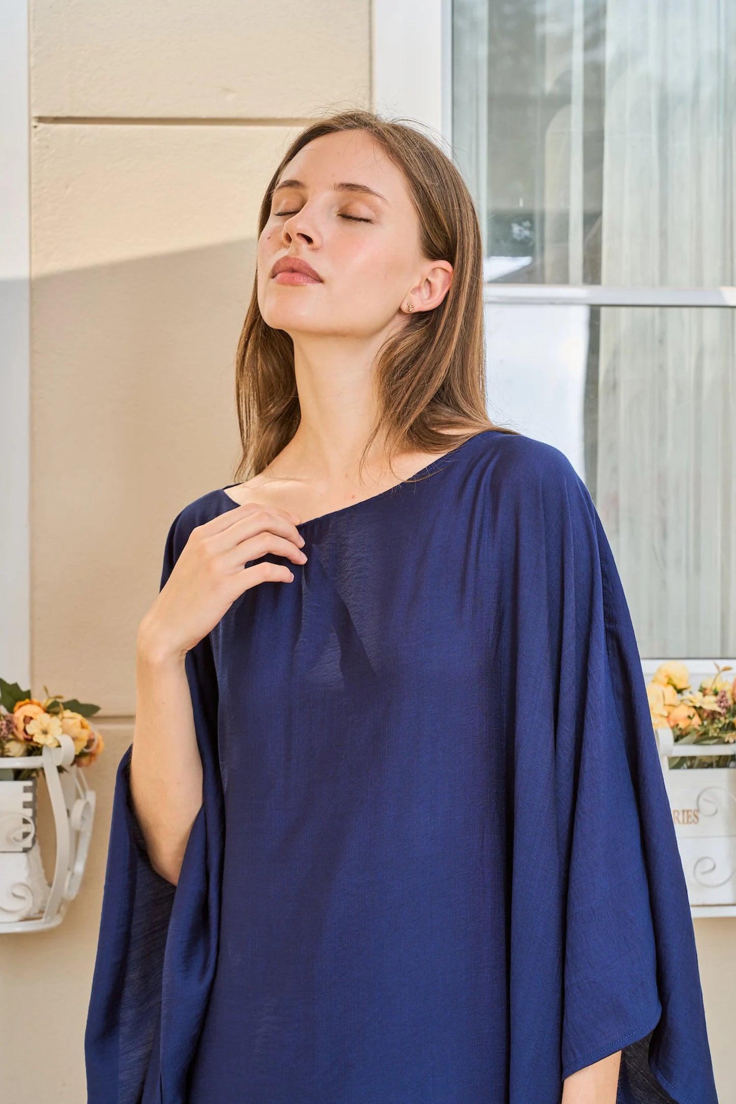 Paris Silk Dark Navy Blue Natural Kaftan Dress Women Pyjamas Plus Size