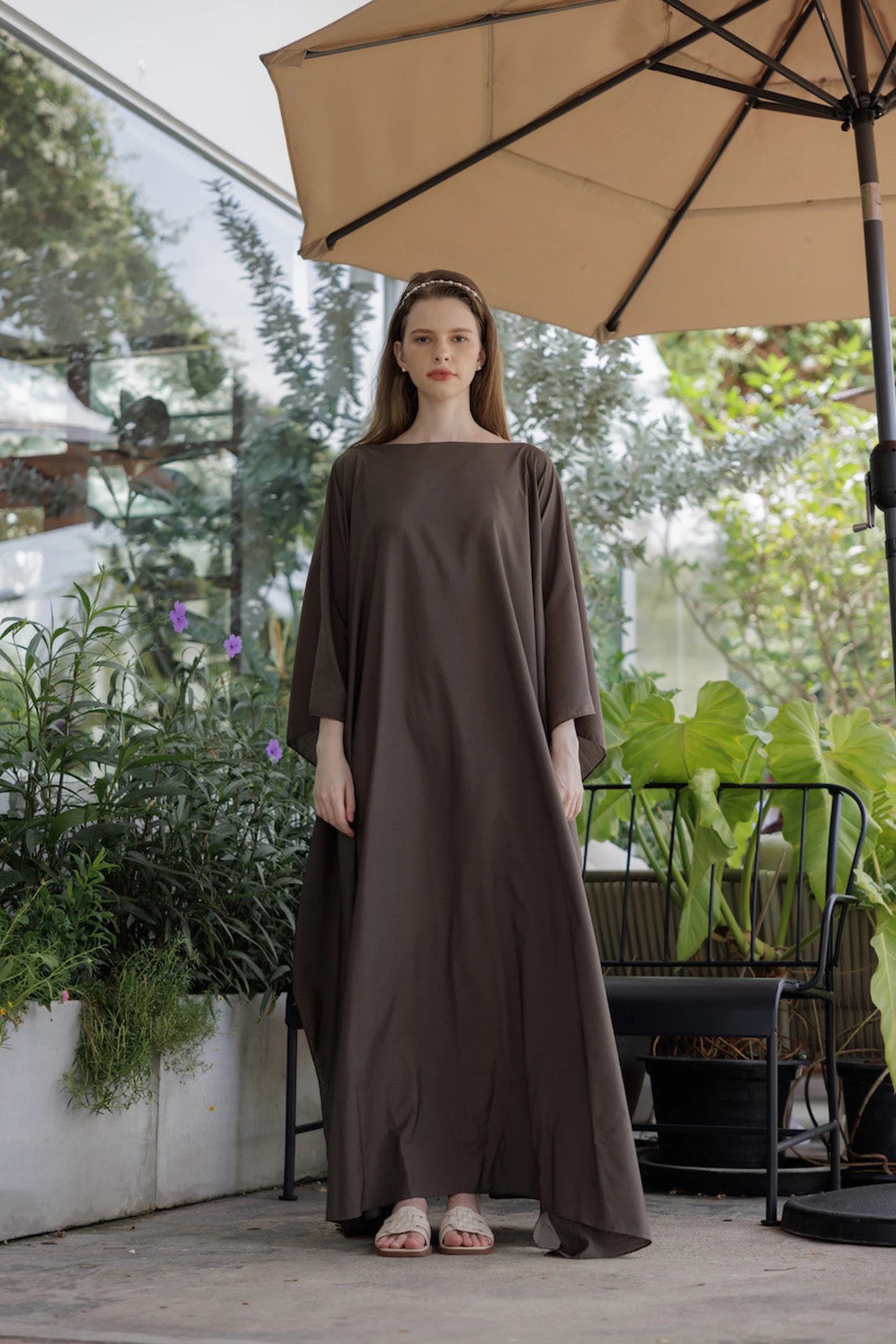 Paris Silk Kaftan Dark Brown Cocoa Caftan Long Sleeve Loose Maxi Dress Free Size