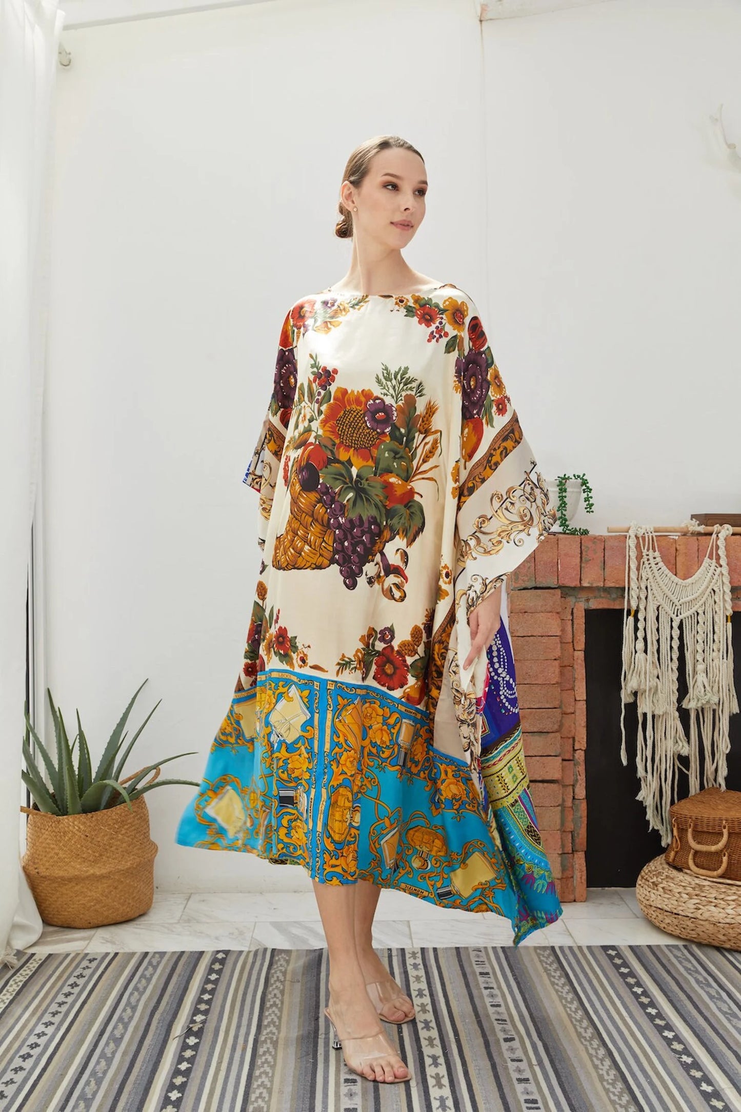 Patchwork White Silk Scarf Kaftan Midi Length Women Plus Size Dress